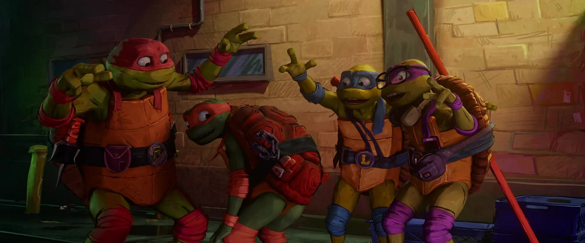 Brady Noon, Nicolas Cantu, Shamon Brown Jr., and Micah Abbey in Teenage Mutant Ninja Turtles: Mutant Mayhem (2023)