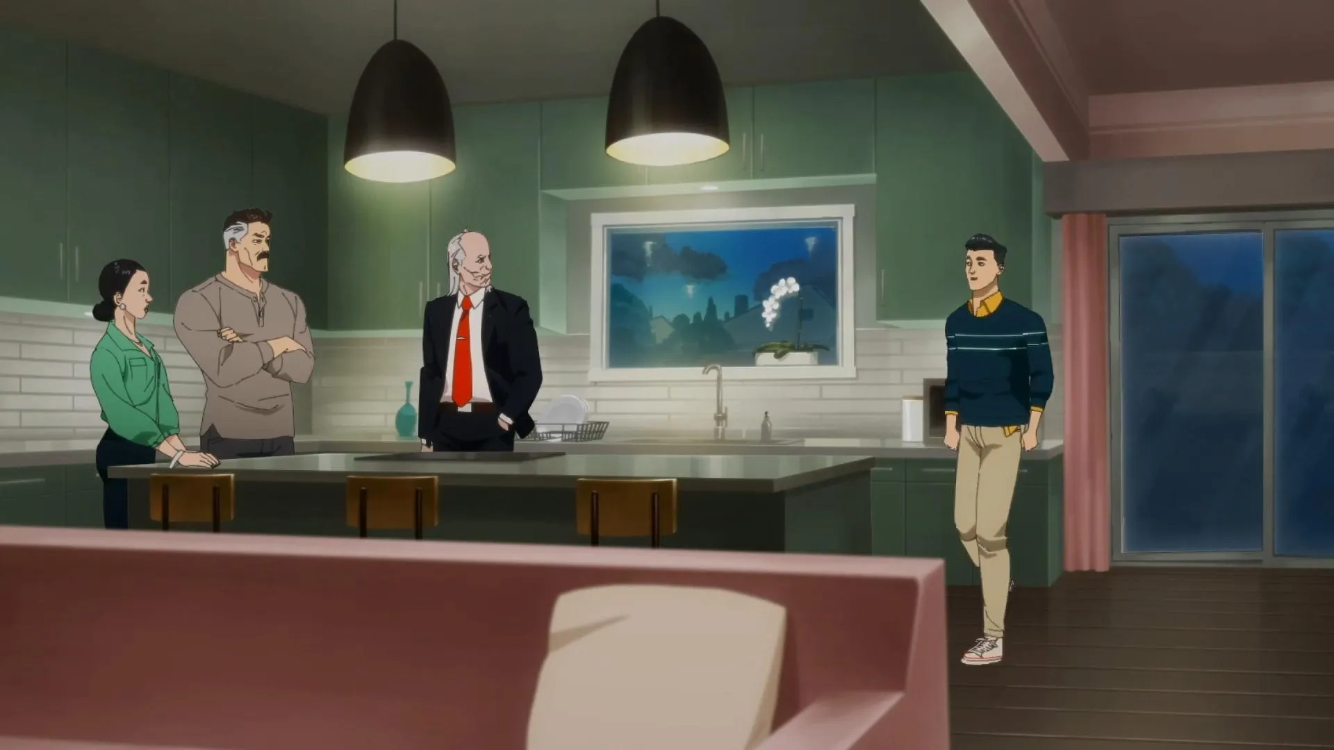 Walton Goggins, Sandra Oh, J.K. Simmons, and Steven Yeun in Invincible (2021)