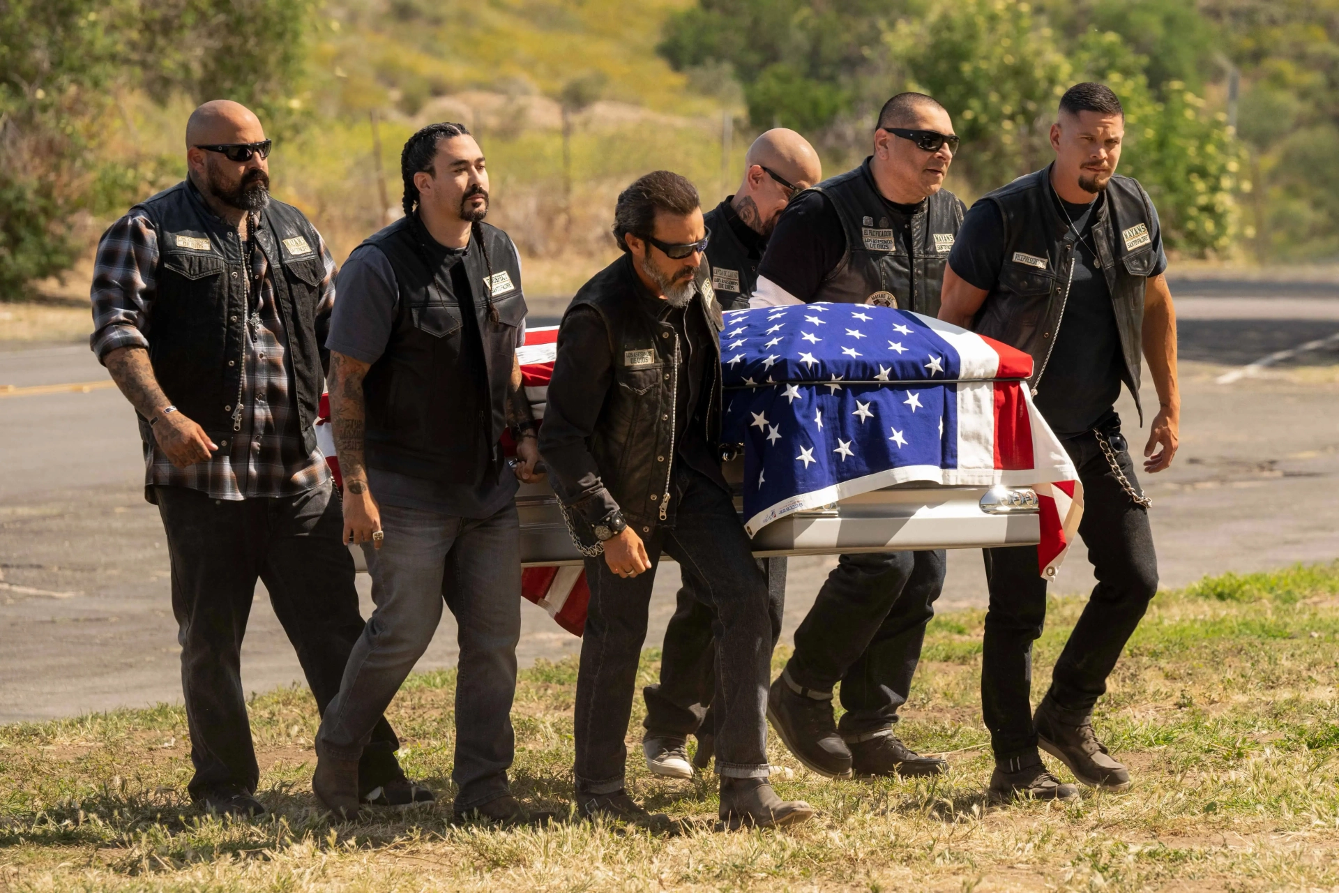 Michael Irby, Frankie Loyal, JD Pardo, Joseph Raymond Lucero, Gino Vento, and Vincent Vargas in Mayans M.C.: When the Breakdown Hit at Midnight (2022)