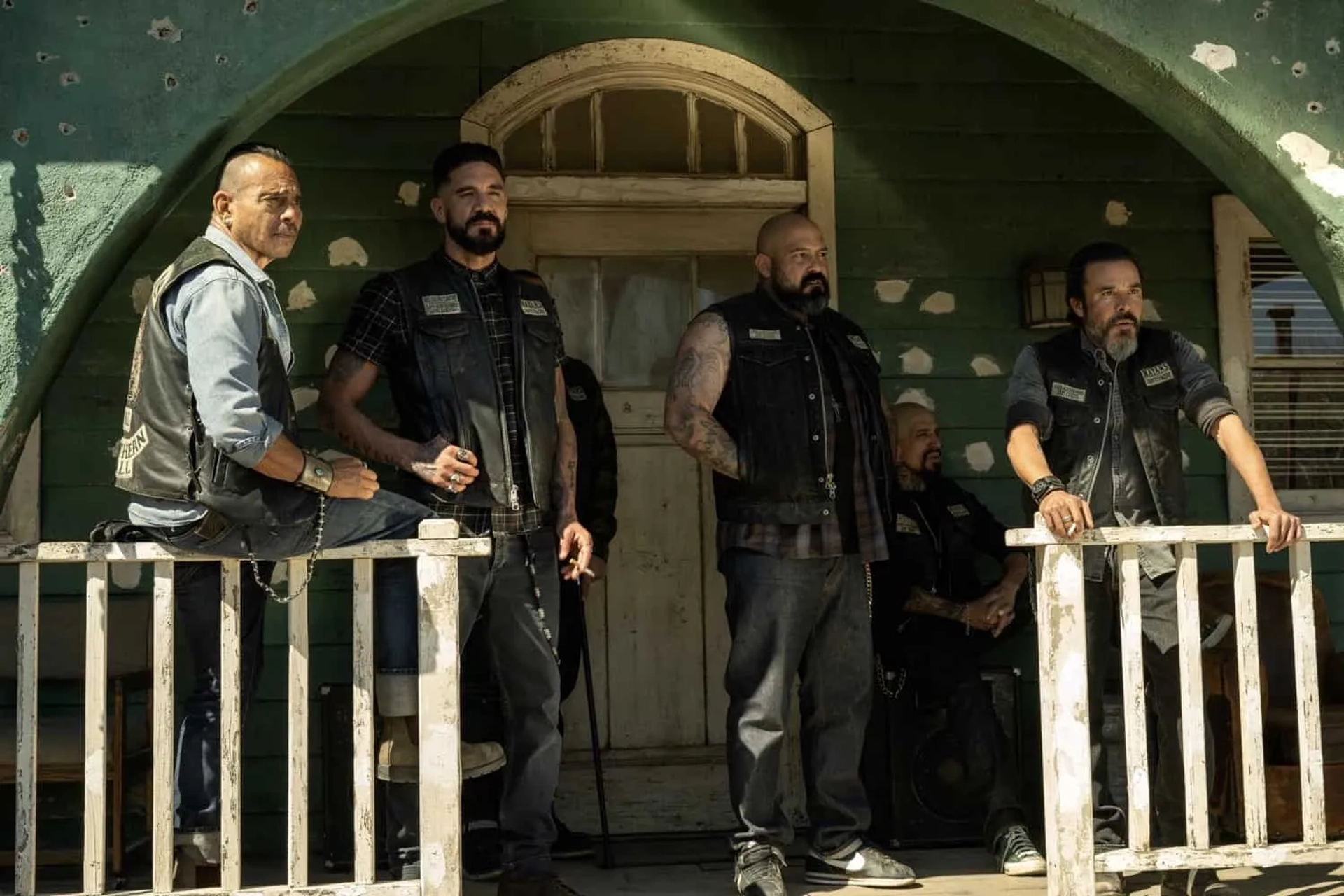 Michael Irby, Raoul Max Trujillo, Joseph Raymond Lucero, Clayton Cardenas, and Vincent Vargas in Mayans M.C.: Death of the Virgin (2022)