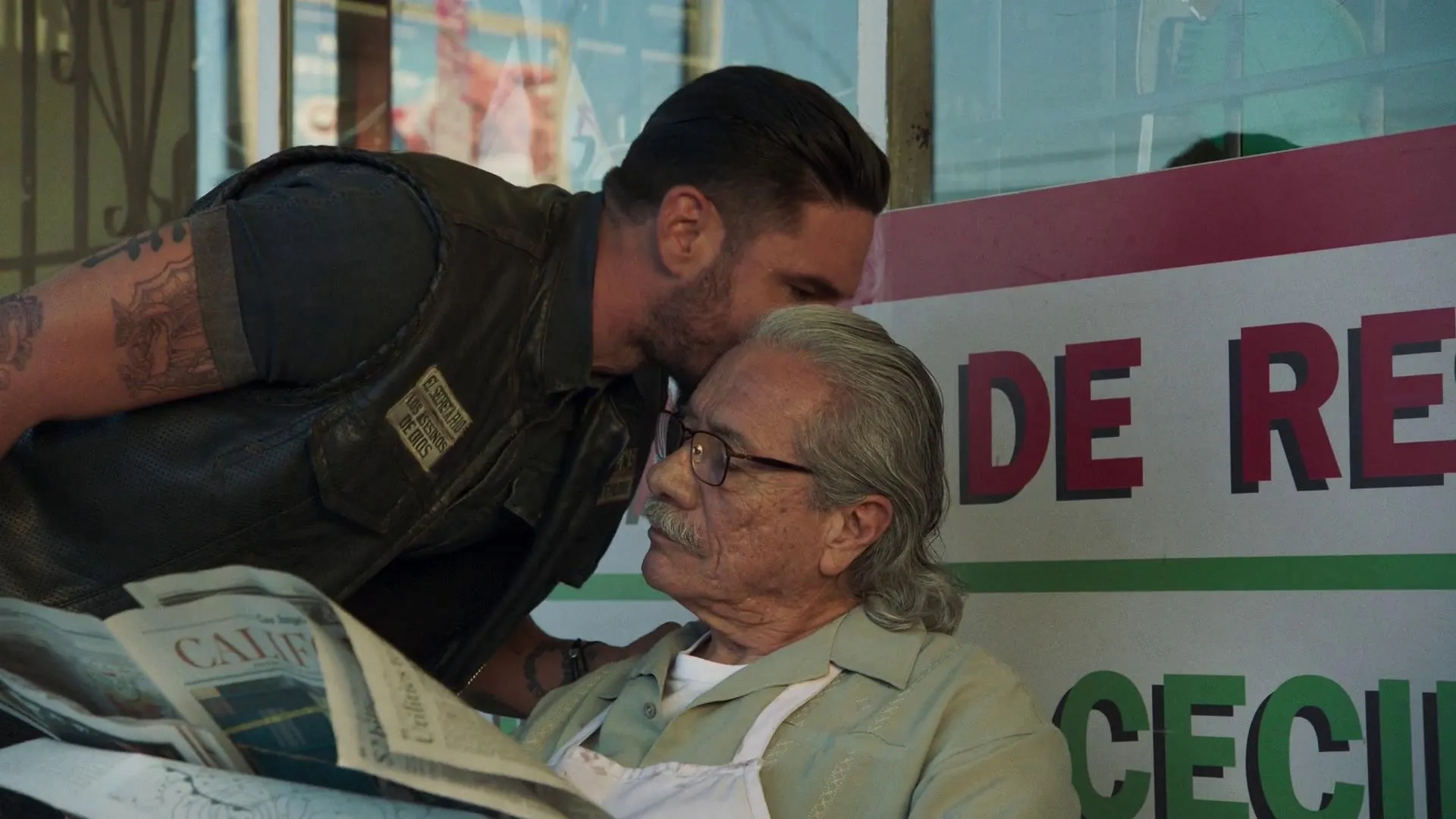 Edward James Olmos and Clayton Cardenas in Mayans M.C.: Kukulkan (2019)