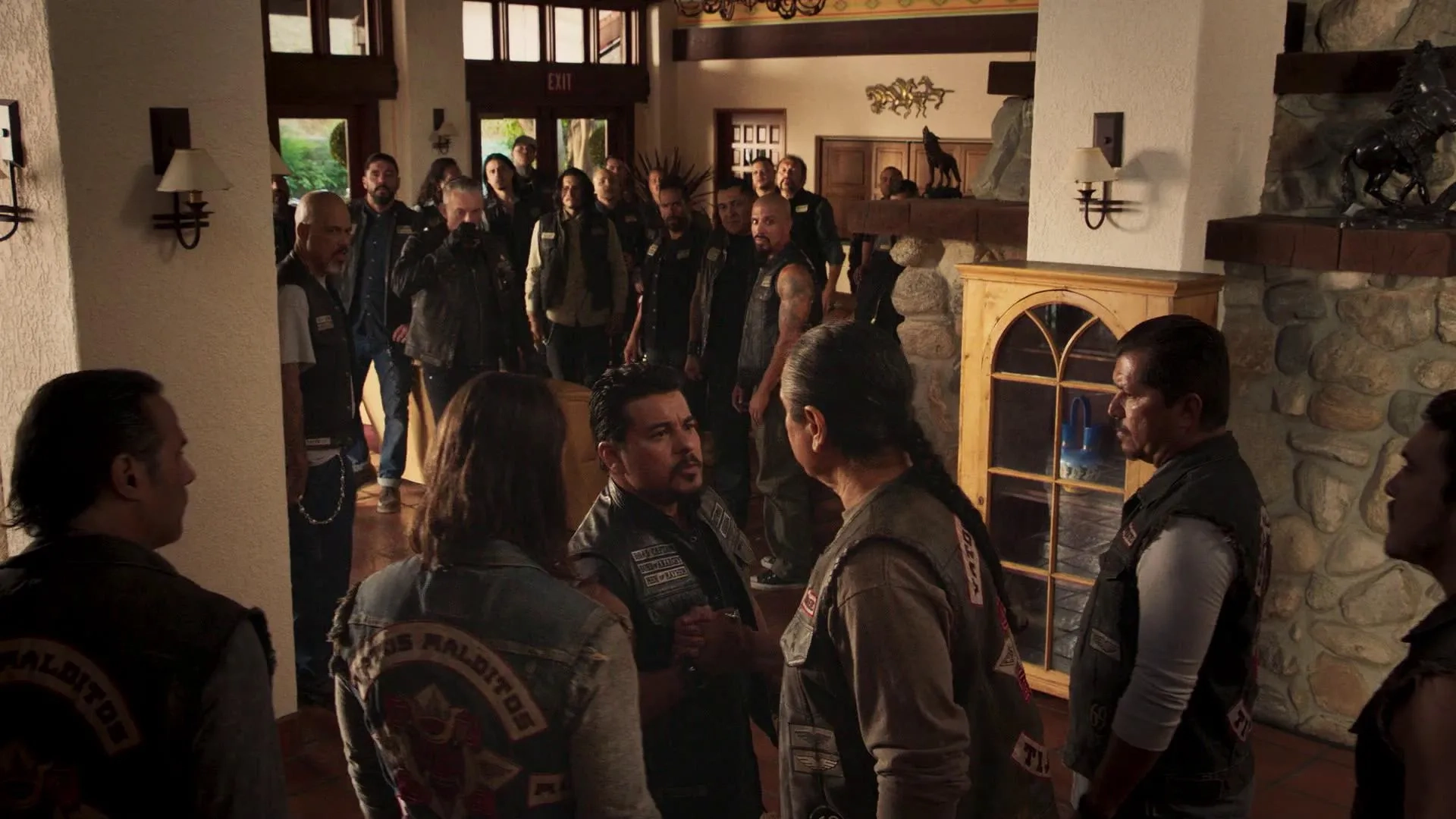 Gregory Cruz, Tommy Flanagan, Antonio Jaramillo, J. Anthony Pena, Raoul Max Trujillo, Jacob Vargas, Frankie Loyal, Emiliano Torres, Joseph Raymond Lucero, Ivo Nandi, Abdel Tornes, David Labrava, Richard Cabral, and Clayton Cardenas in Mayans M.C.: Kukulkan (2019)