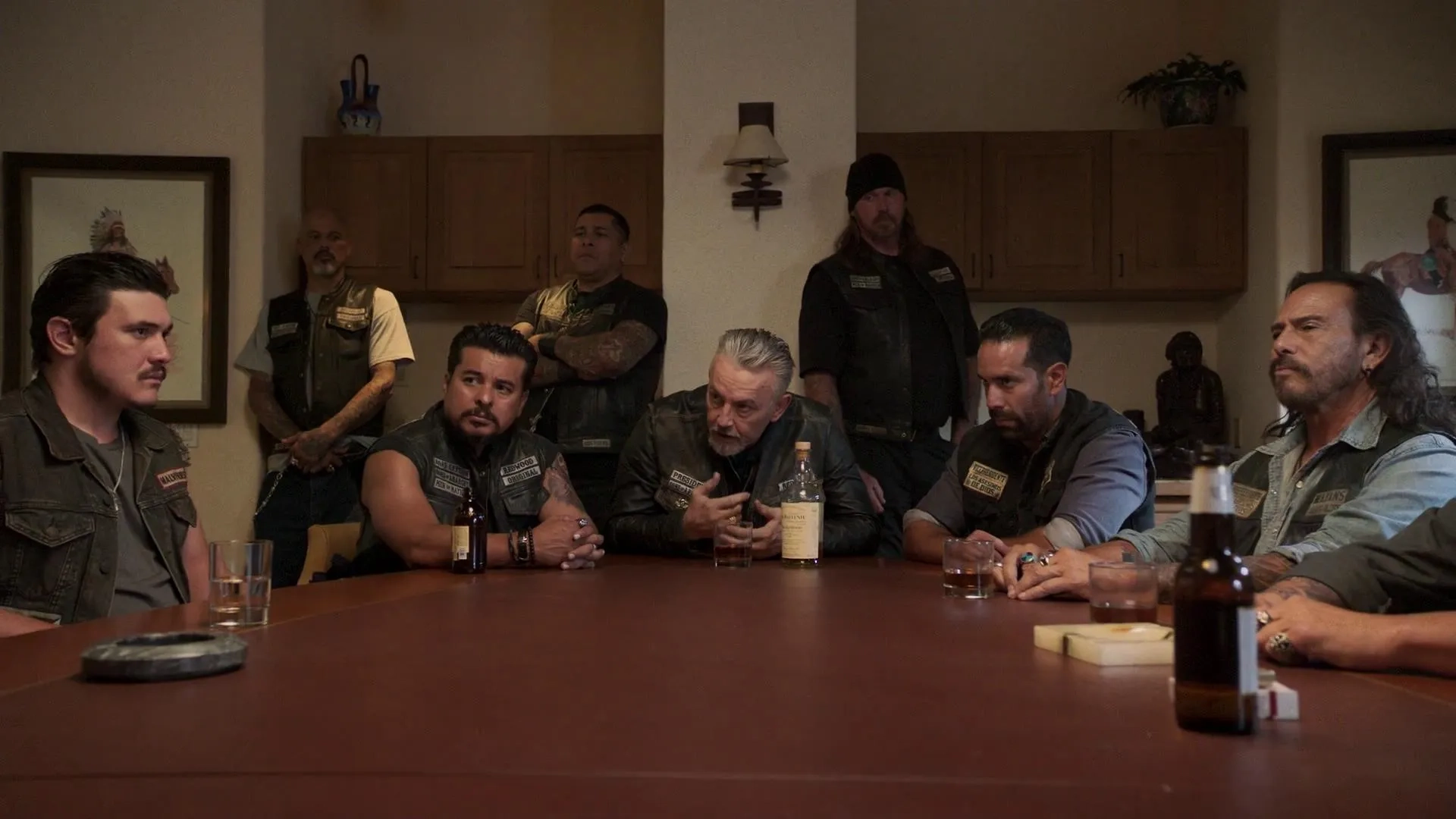 Tommy Flanagan, Raoul Max Trujillo, Jacob Vargas, Frankie Loyal, Emiliano Torres, David Labrava, and Rusty Coones in Mayans M.C.: Kukulkan (2019)