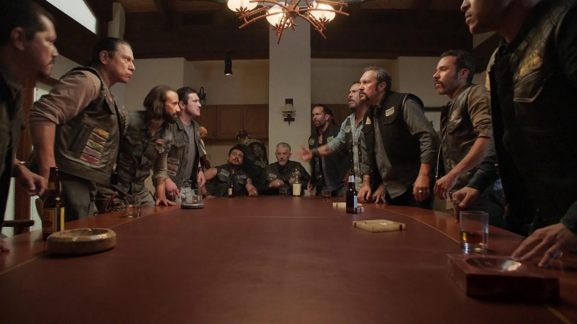 Gregory Cruz, Tommy Flanagan, Michael Irby, Raoul Max Trujillo, Jacob Vargas, Frankie Loyal, Emiliano Torres, Ivo Nandi, Abdel Tornes, and David Labrava in Mayans M.C.: Kukulkan (2019)