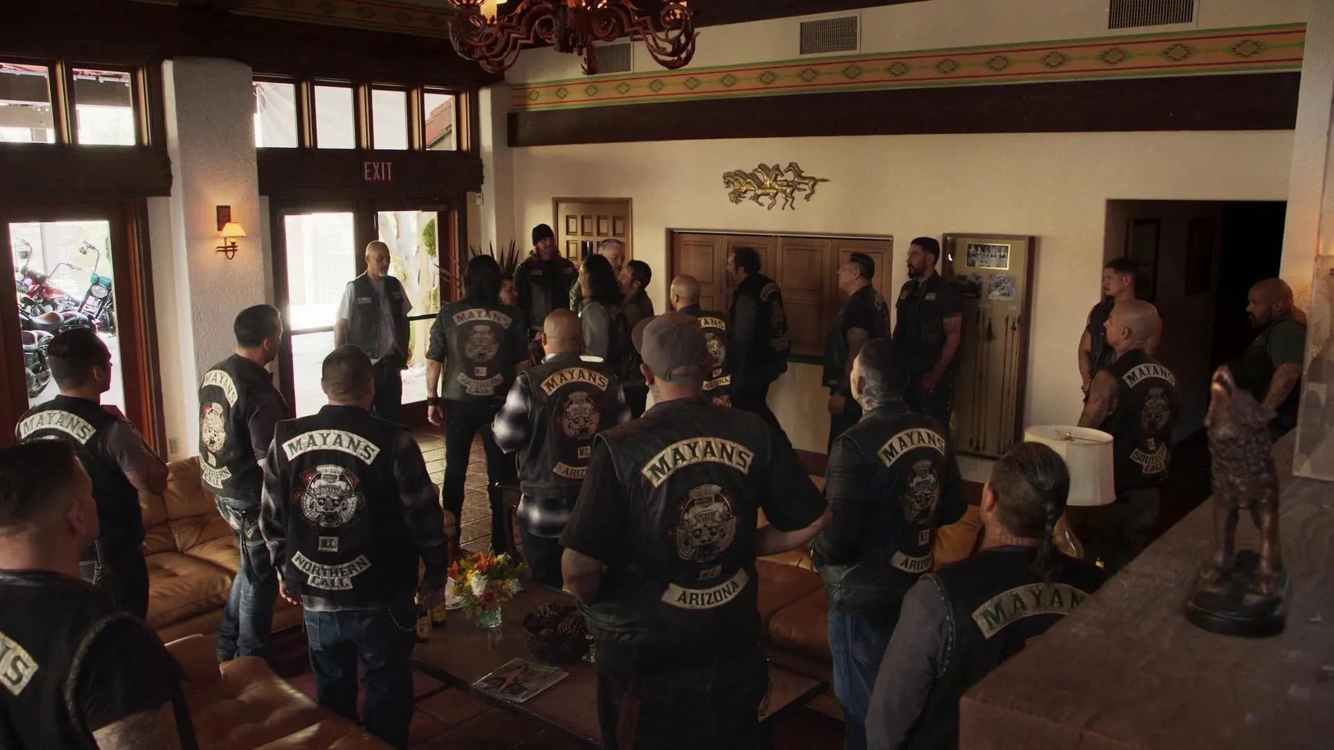 Tommy Flanagan, Michael Irby, Antonio Jaramillo, Raoul Max Trujillo, Jacob Vargas, Frankie Loyal, JD Pardo, Joseph Raymond Lucero, Ivo Nandi, David Labrava, and Rusty Coones in Mayans M.C.: Kukulkan (2019)