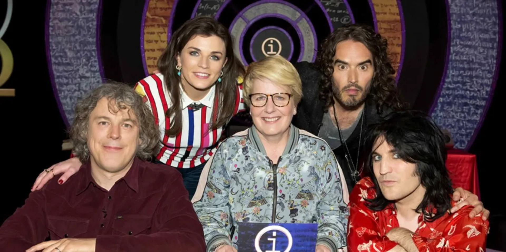 Alan Davies, Noel Fielding, Sandi Toksvig, Russell Brand, and Aisling Bea in QI (2003)