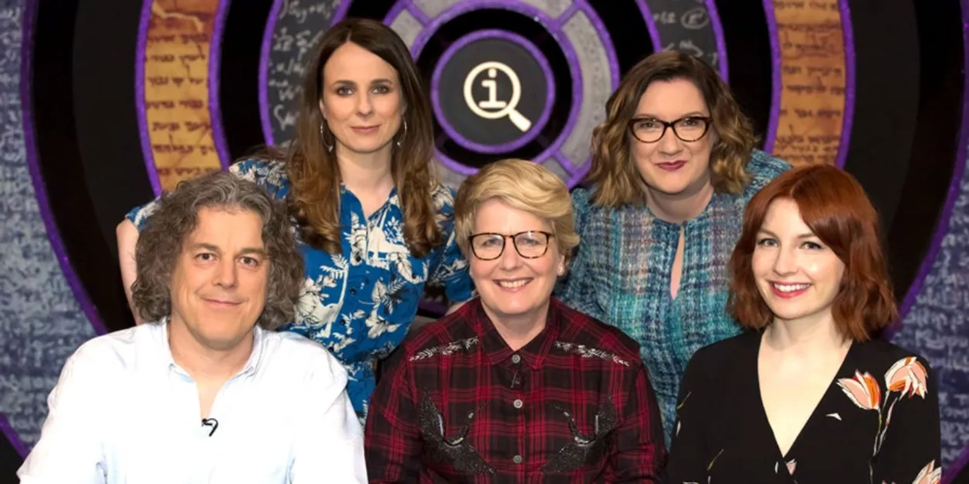 Alan Davies, Sandi Toksvig, Cariad Lloyd, Sarah Millican, and Alice Levine in QI (2003)