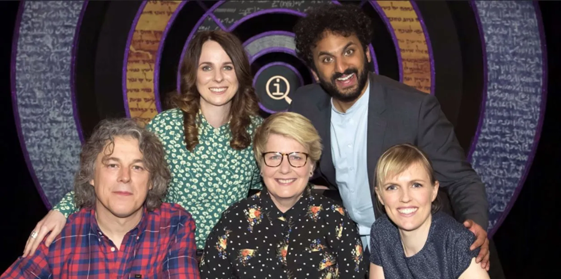 Alan Davies, Sandi Toksvig, Cariad Lloyd, Holly Walsh, and Nish Kumar in QI (2003)