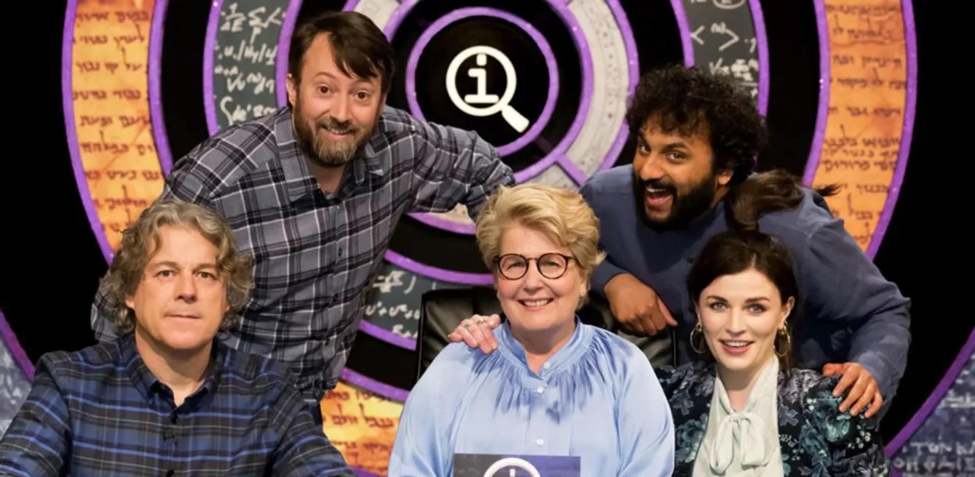 Alan Davies, David Mitchell, Sandi Toksvig, Aisling Bea, and Nish Kumar in QI (2003)