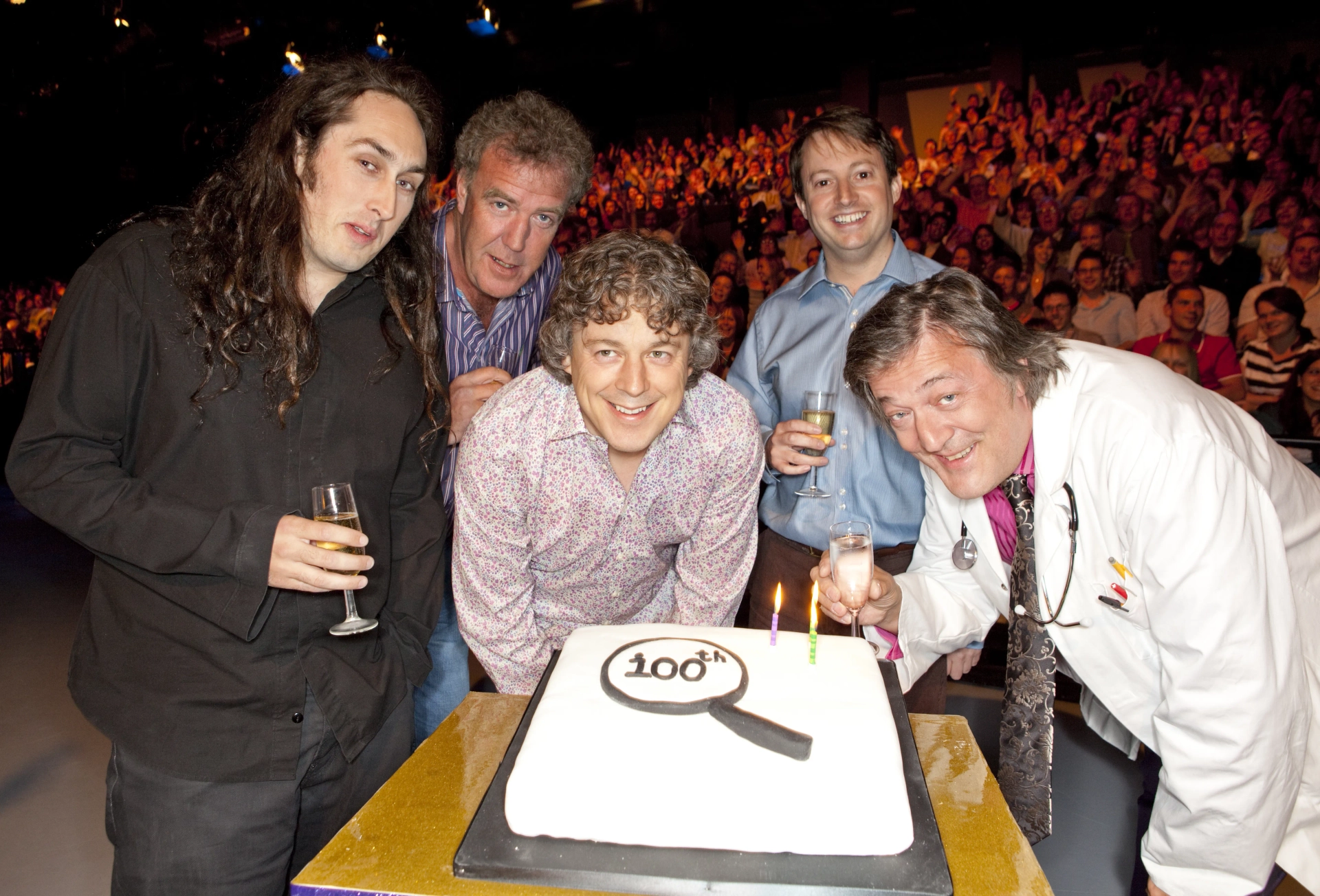 Stephen Fry, Jeremy Clarkson, Alan Davies, David Mitchell, and Ross Noble in QI (2003)