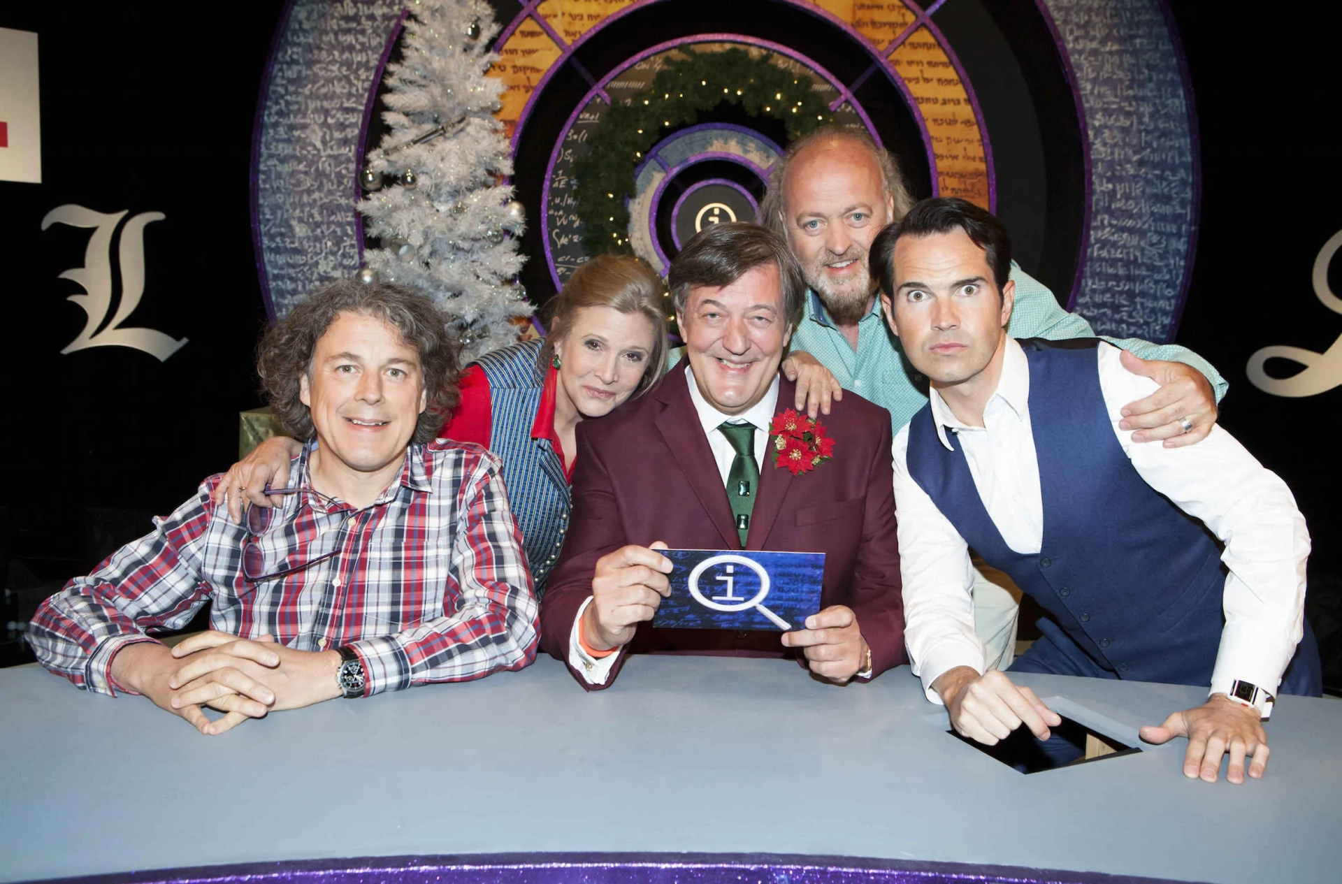 Carrie Fisher, Stephen Fry, Bill Bailey, Jimmy Carr, and Alan Davies in QI (2003)