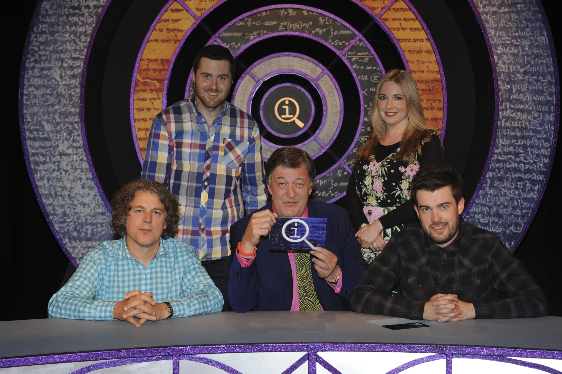 Stephen Fry, Alan Davies, Victoria Coren Mitchell, Jack Whitehall, and Lloyd Langford in QI (2003)