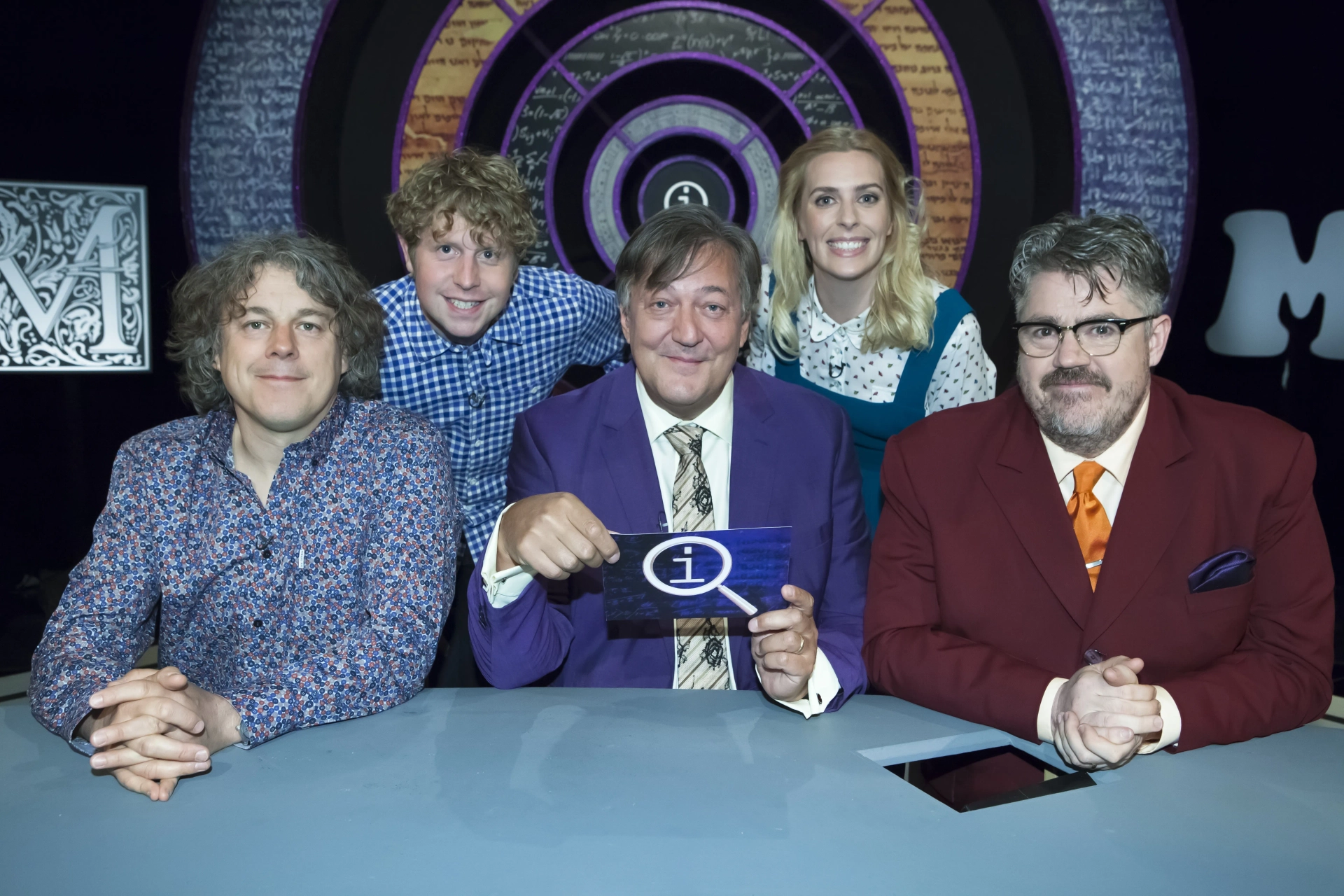 Stephen Fry, Alan Davies, Phill Jupitus, Sara Pascoe, and Josh Widdicombe in QI (2003)