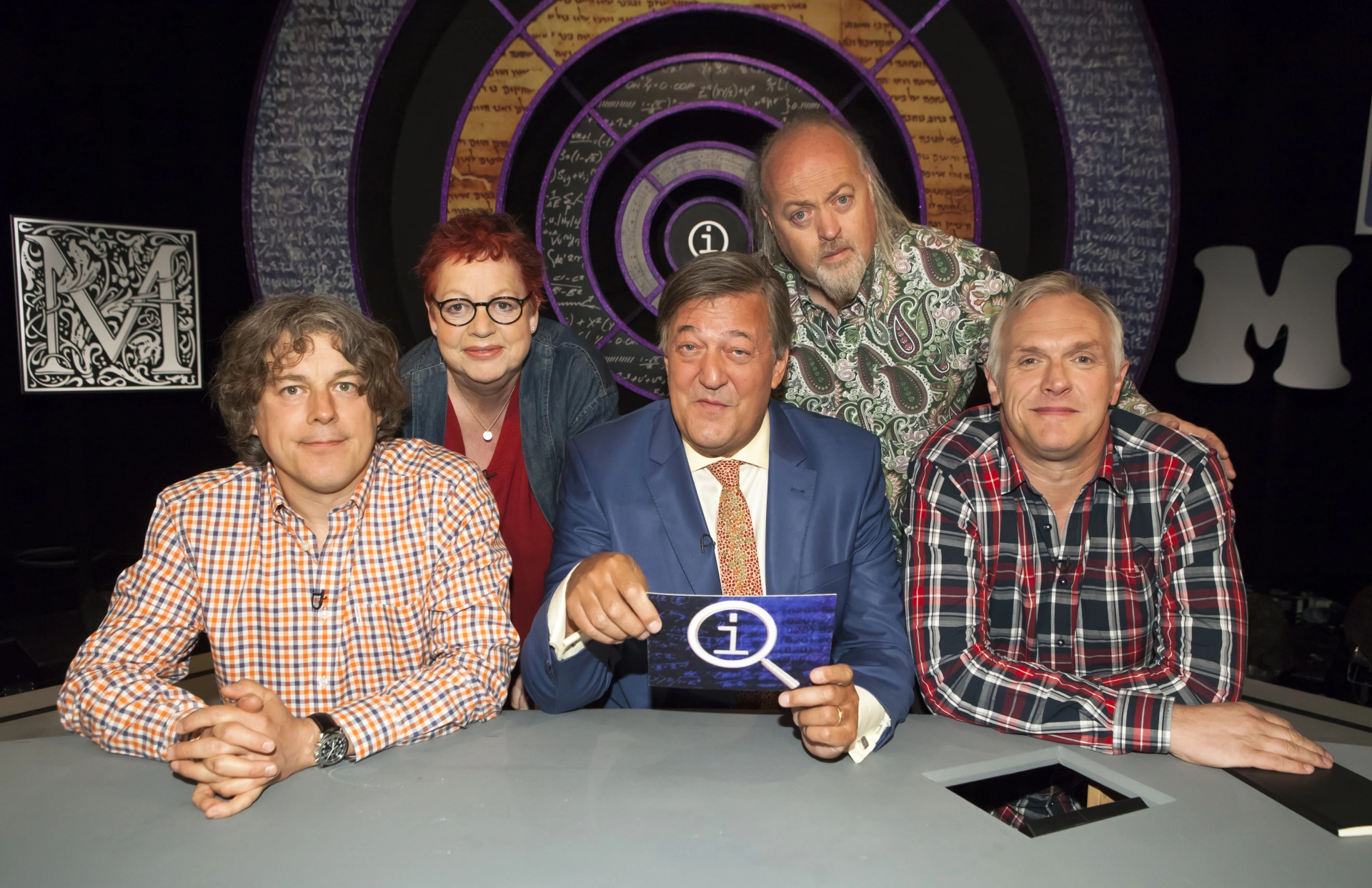 Stephen Fry, Bill Bailey, Jo Brand, Alan Davies, and Greg Davies in QI (2003)