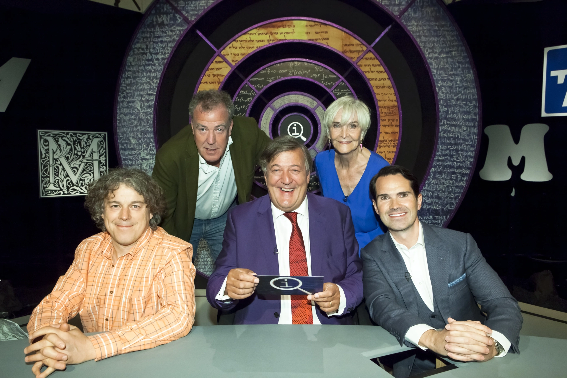 Stephen Fry, Jimmy Carr, Jeremy Clarkson, Alan Davies, and Sheila Hancock in QI (2003)