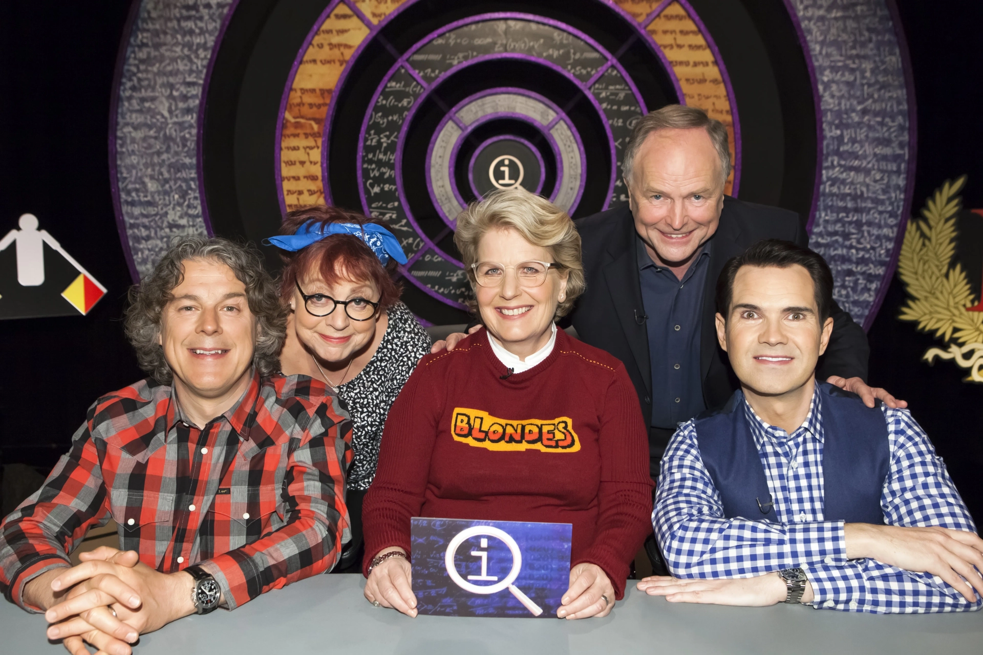 Clive Anderson, Jo Brand, Jimmy Carr, Alan Davies, and Sandi Toksvig in QI (2003)