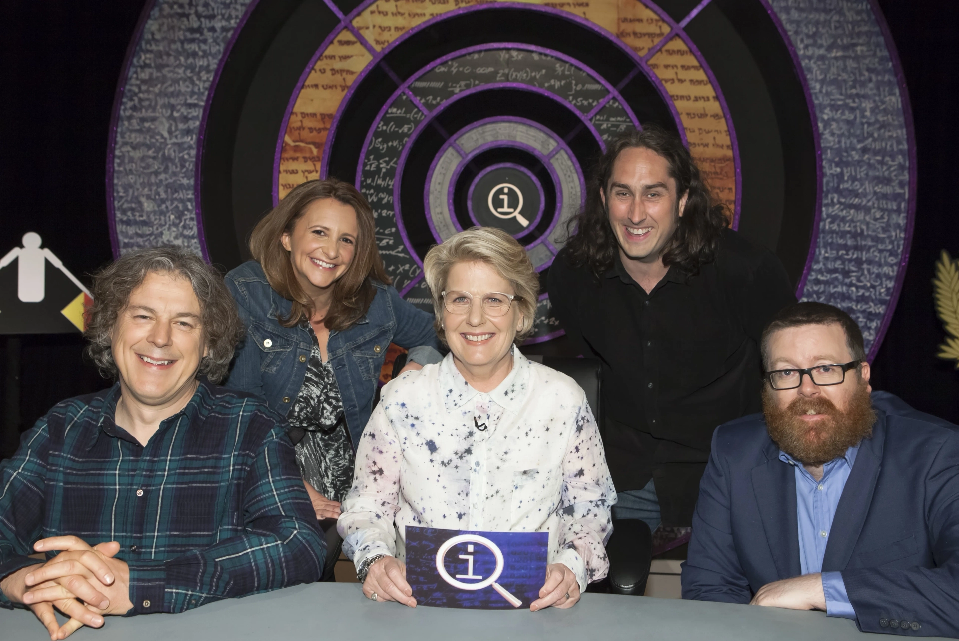 Alan Davies, Ross Noble, Lucy Porter, Sandi Toksvig, and Frankie Boyle in QI (2003)