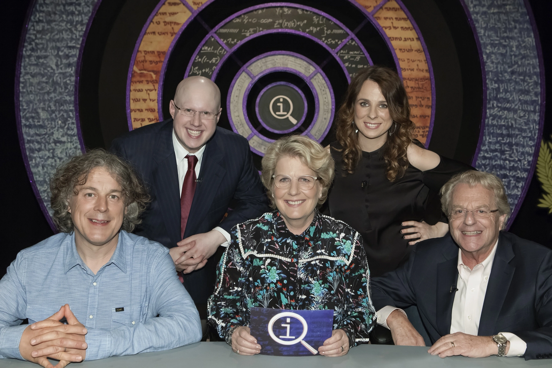 Jerry Springer, Alan Davies, Matt Lucas, Sandi Toksvig, and Cariad Lloyd in QI (2003)