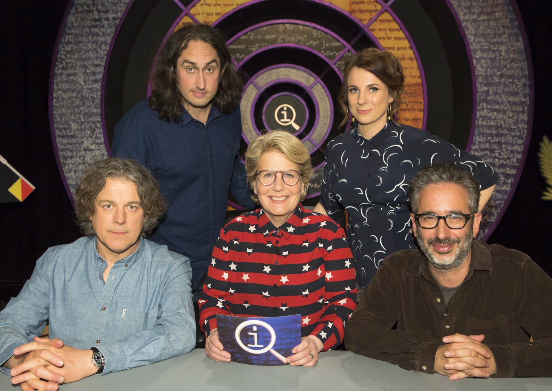 David Baddiel, Alan Davies, Ross Noble, Sandi Toksvig, and Cariad Lloyd in QI (2003)