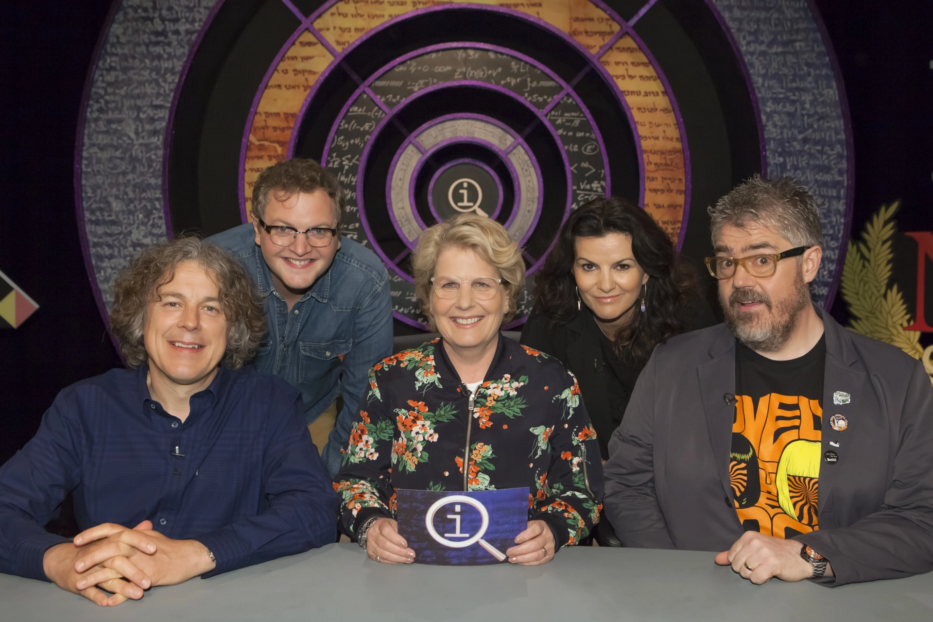 Alan Davies, Phill Jupitus, Deirdre O'Kane, Sandi Toksvig, and Miles Jupp in QI (2003)