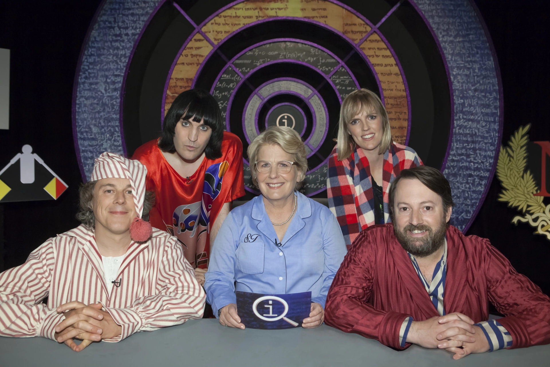 Alan Davies, Noel Fielding, David Mitchell, Sandi Toksvig, and Holly Walsh in QI (2003)