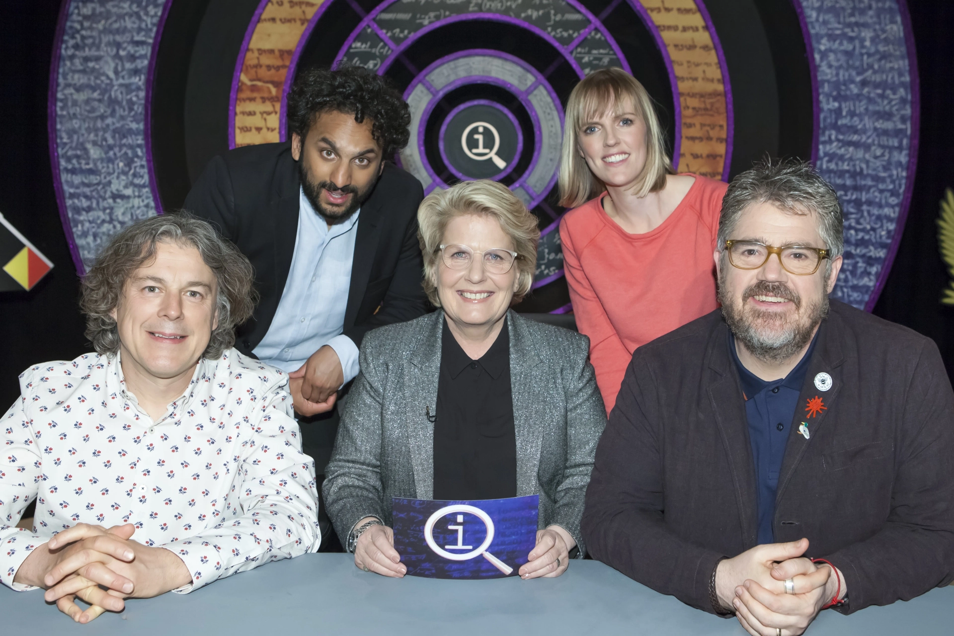 Alan Davies, Phill Jupitus, Sandi Toksvig, Holly Walsh, and Nish Kumar in QI (2003)