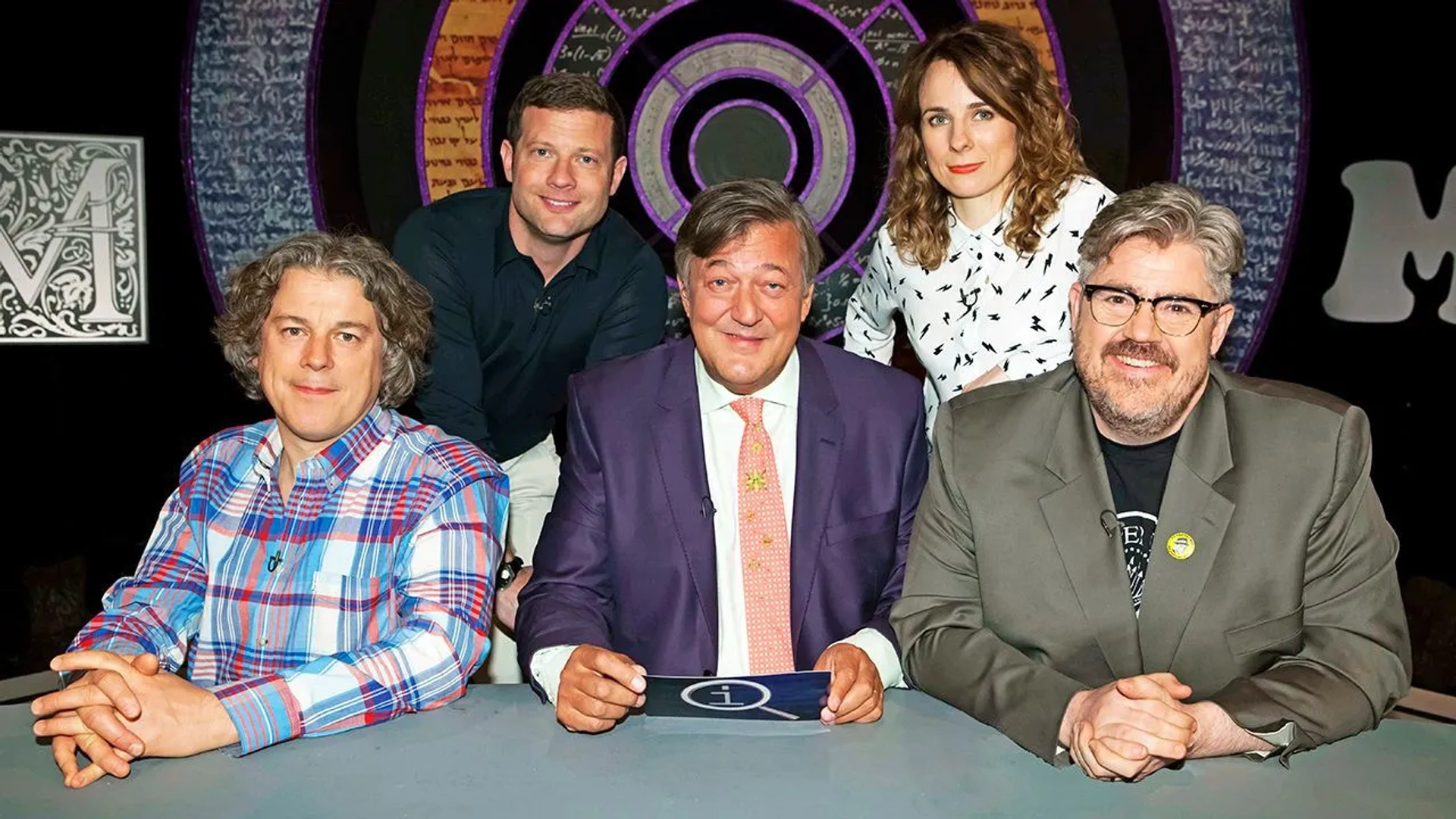 Stephen Fry, Alan Davies, Phill Jupitus, Dermot O'Leary, and Cariad Lloyd in QI (2003)