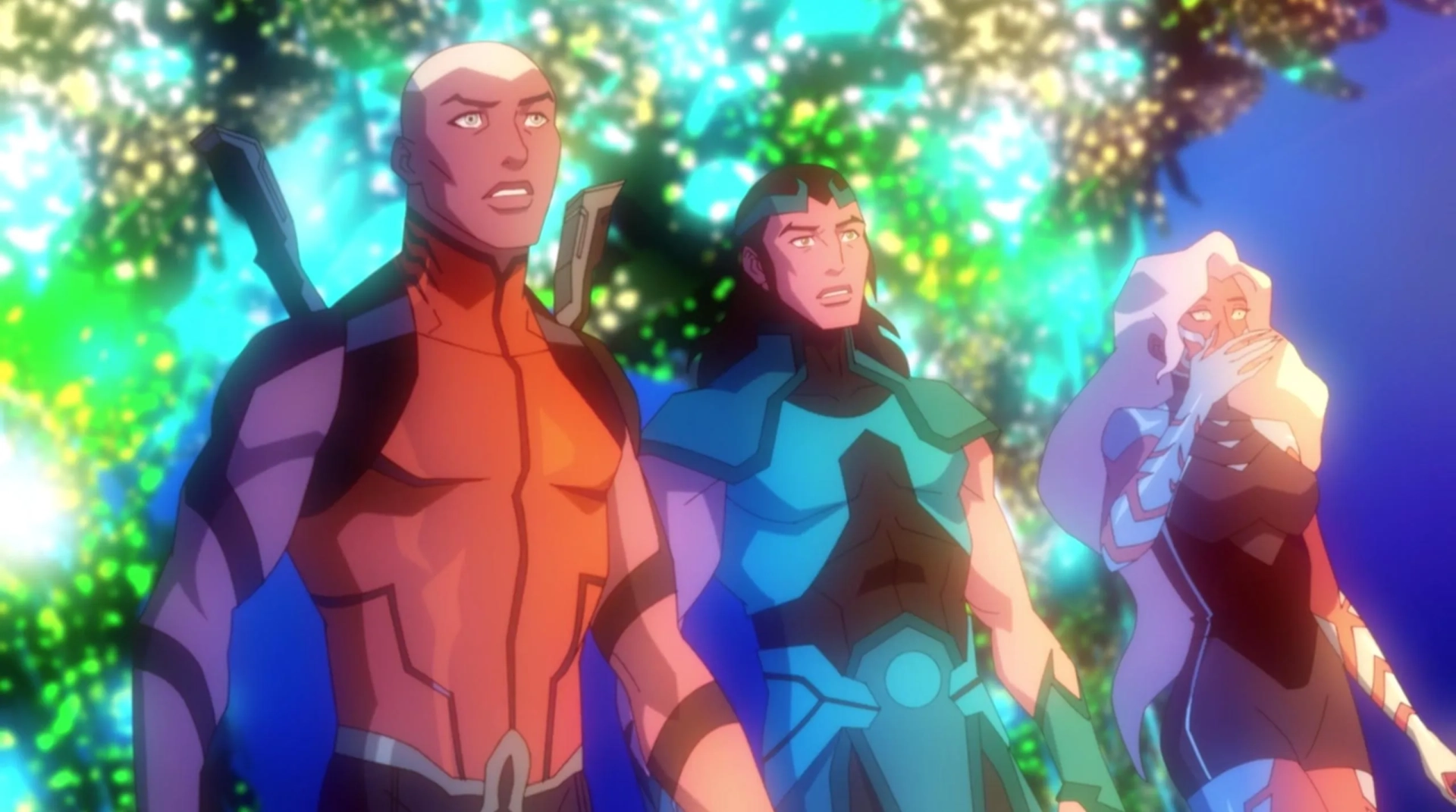 Khary Payton, Tiya Sircar, and Robbie Daymond in Young Justice: Ebb Tide (2022)