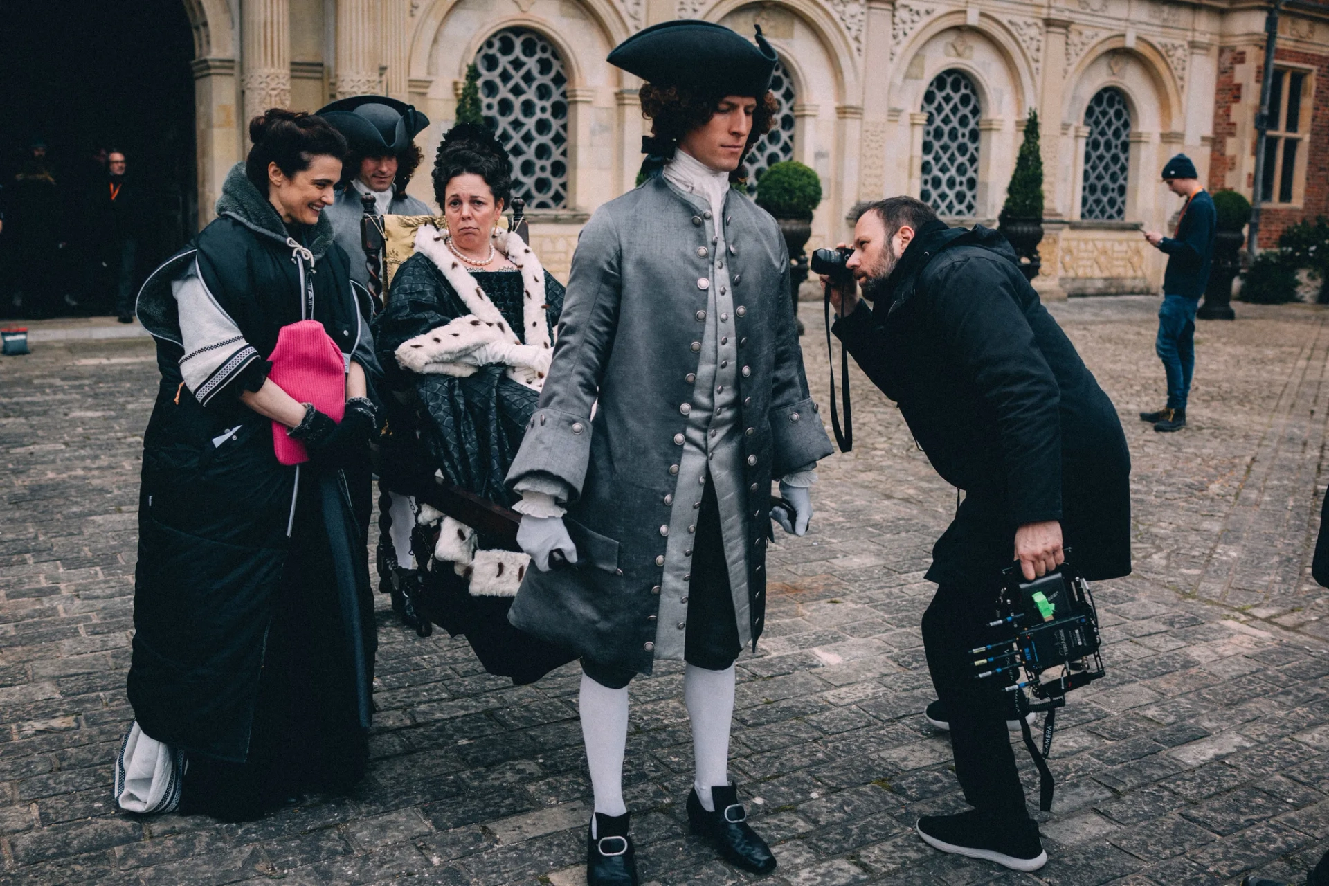 Rachel Weisz, Yorgos Lanthimos, and Olivia Colman in The Favourite (2018)