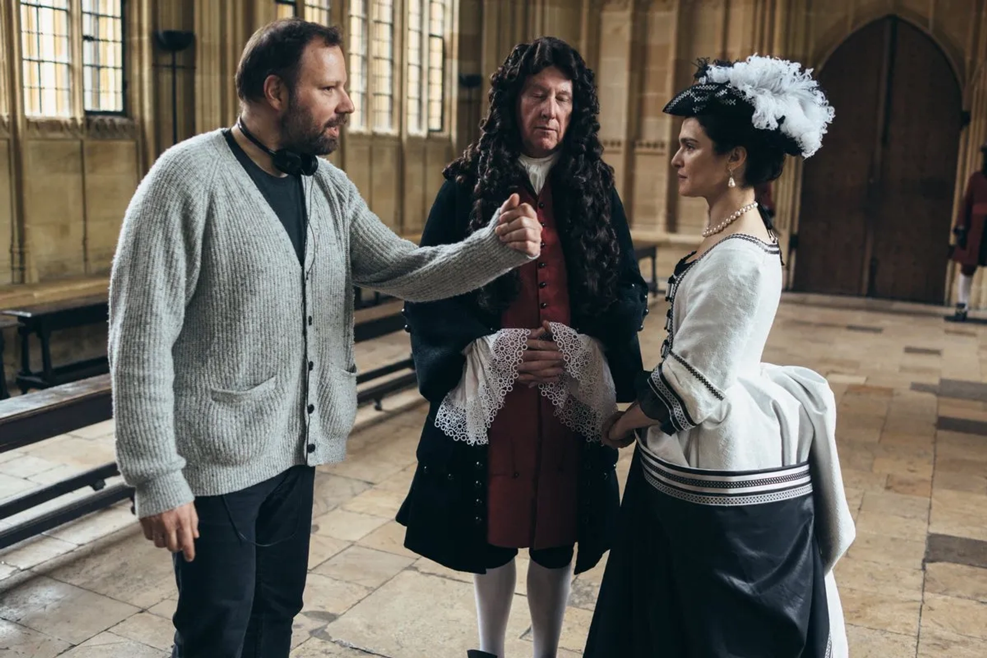 Rachel Weisz, Yorgos Lanthimos, and James Smith in The Favourite (2018)