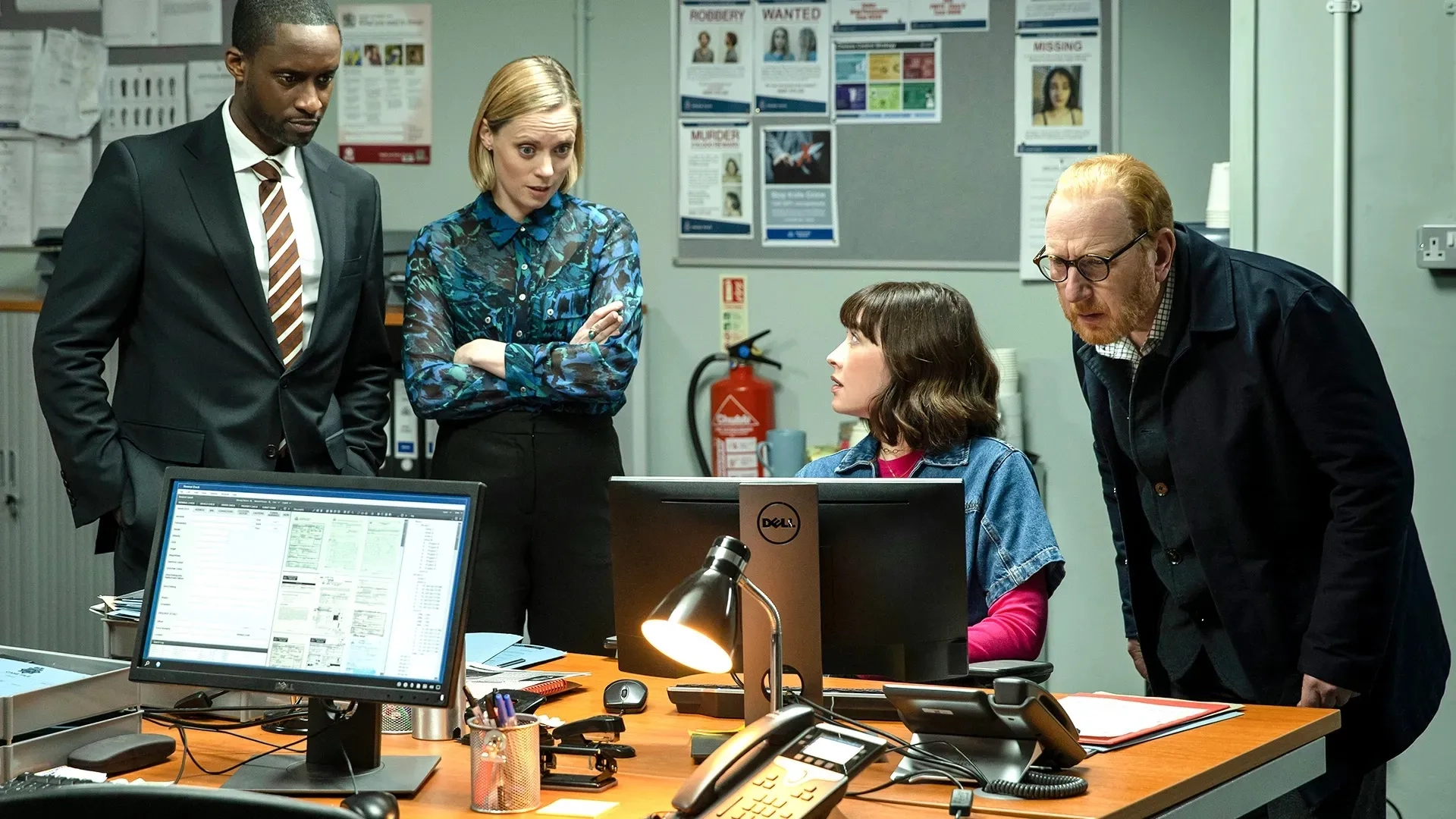 Adrian Scarborough, Peter Bankolé, Vanessa Emme, and Lucy Phelps in The Chelsea Detective (2022)