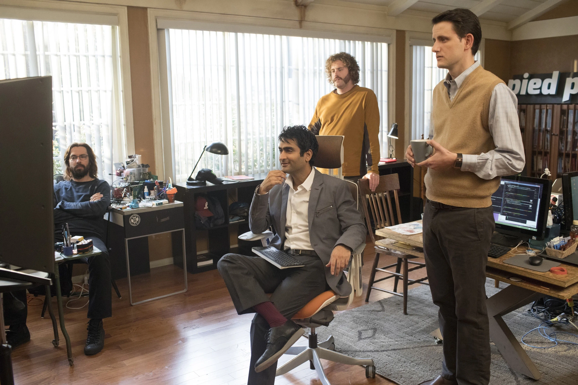 Martin Starr, Zach Woods, T.J. Miller, and Kumail Nanjiani in Silicon Valley (2014)