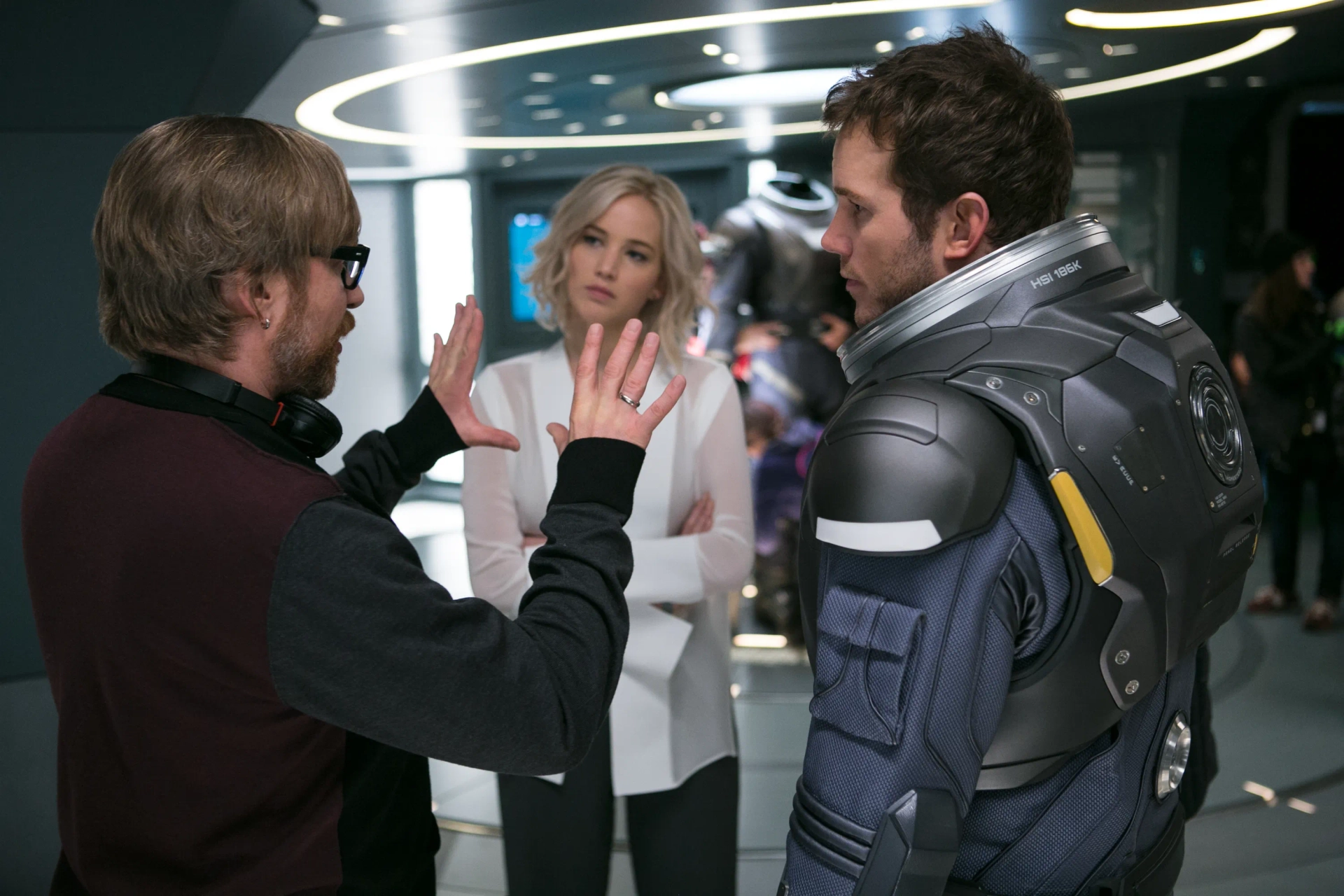 Chris Pratt, Morten Tyldum, and Jennifer Lawrence in Passengers (2016)