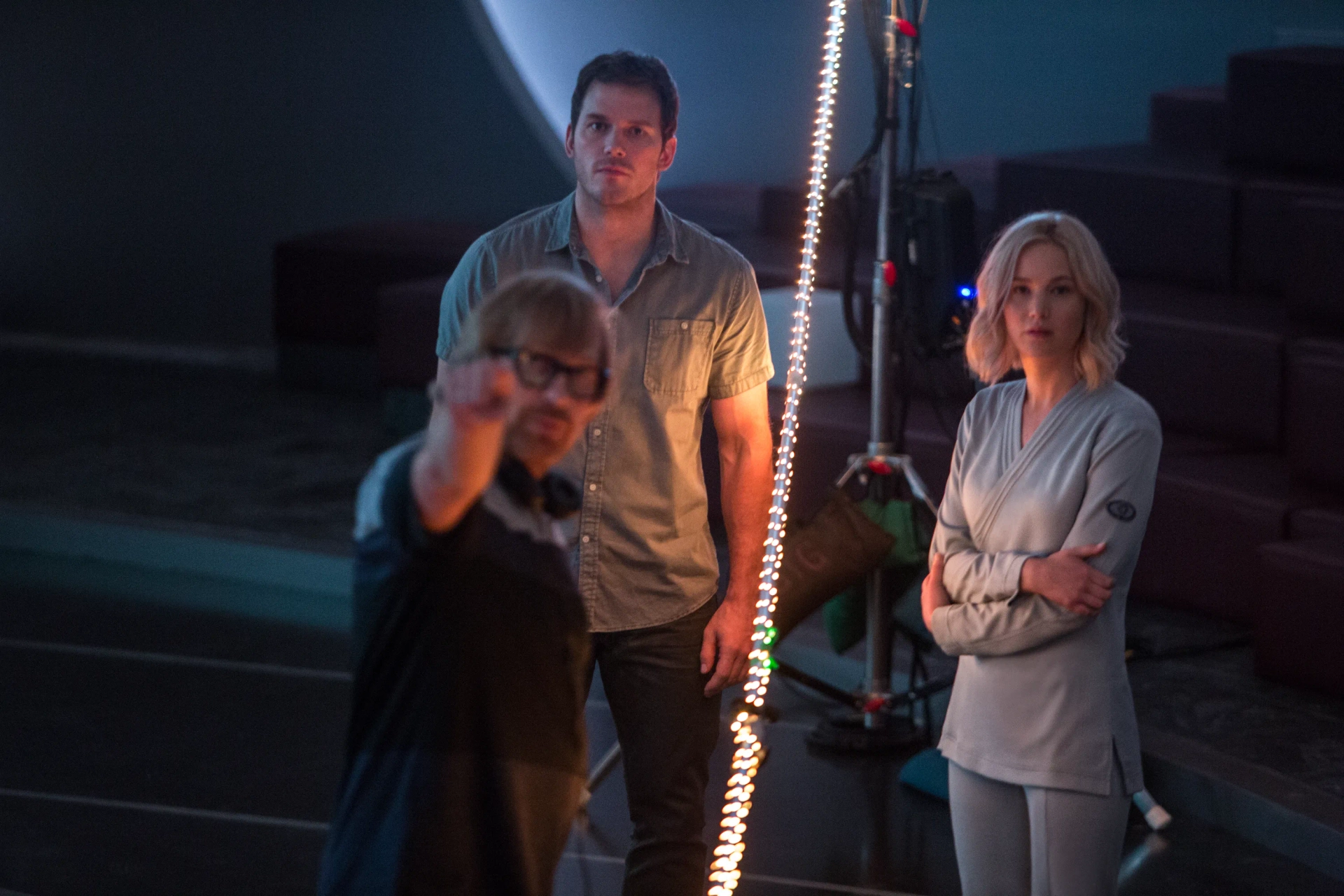 Chris Pratt, Morten Tyldum, and Jennifer Lawrence in Passengers (2016)