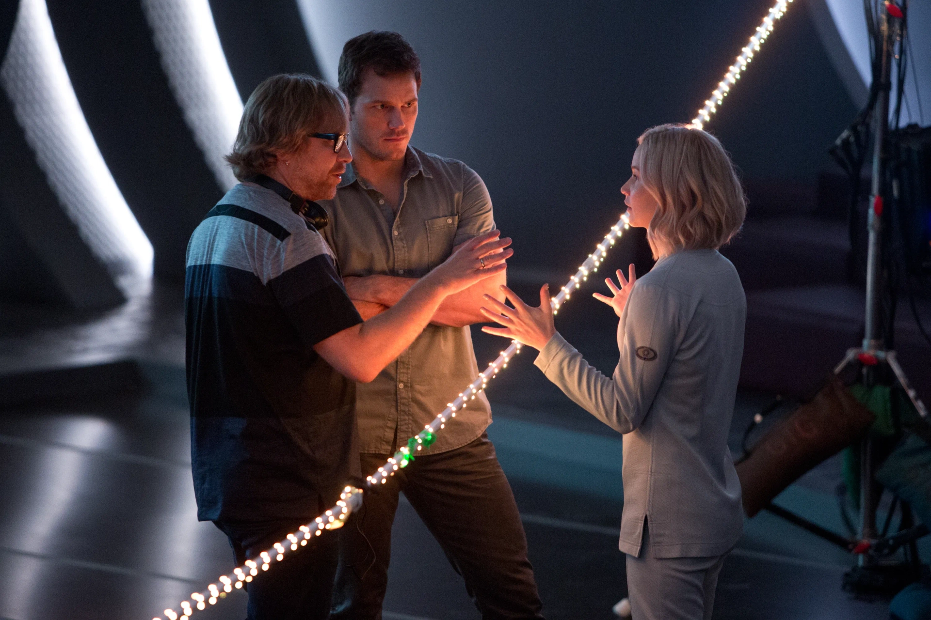 Chris Pratt, Morten Tyldum, and Jennifer Lawrence in Passengers (2016)