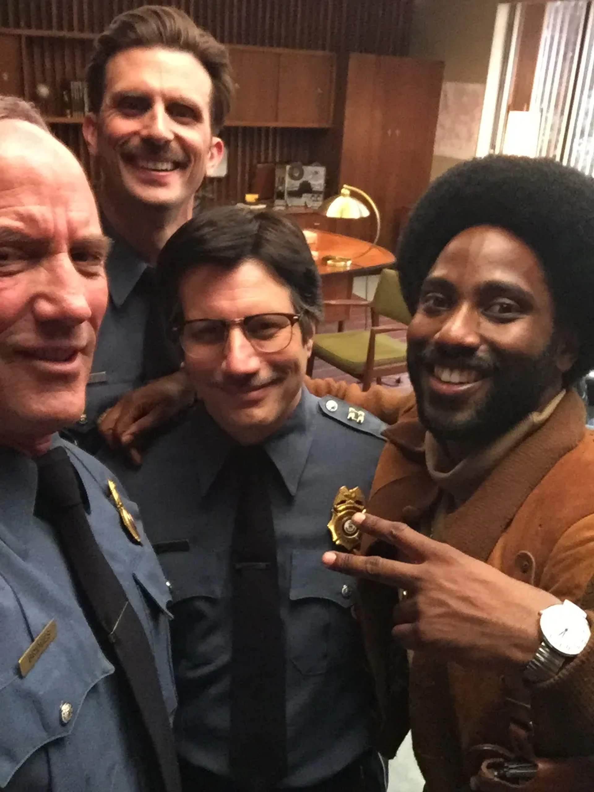 Robert John Burke, Frederick Weller, Ken Garito, and John David Washington on the set of BlacKkKlansman (November 28th, 2017)