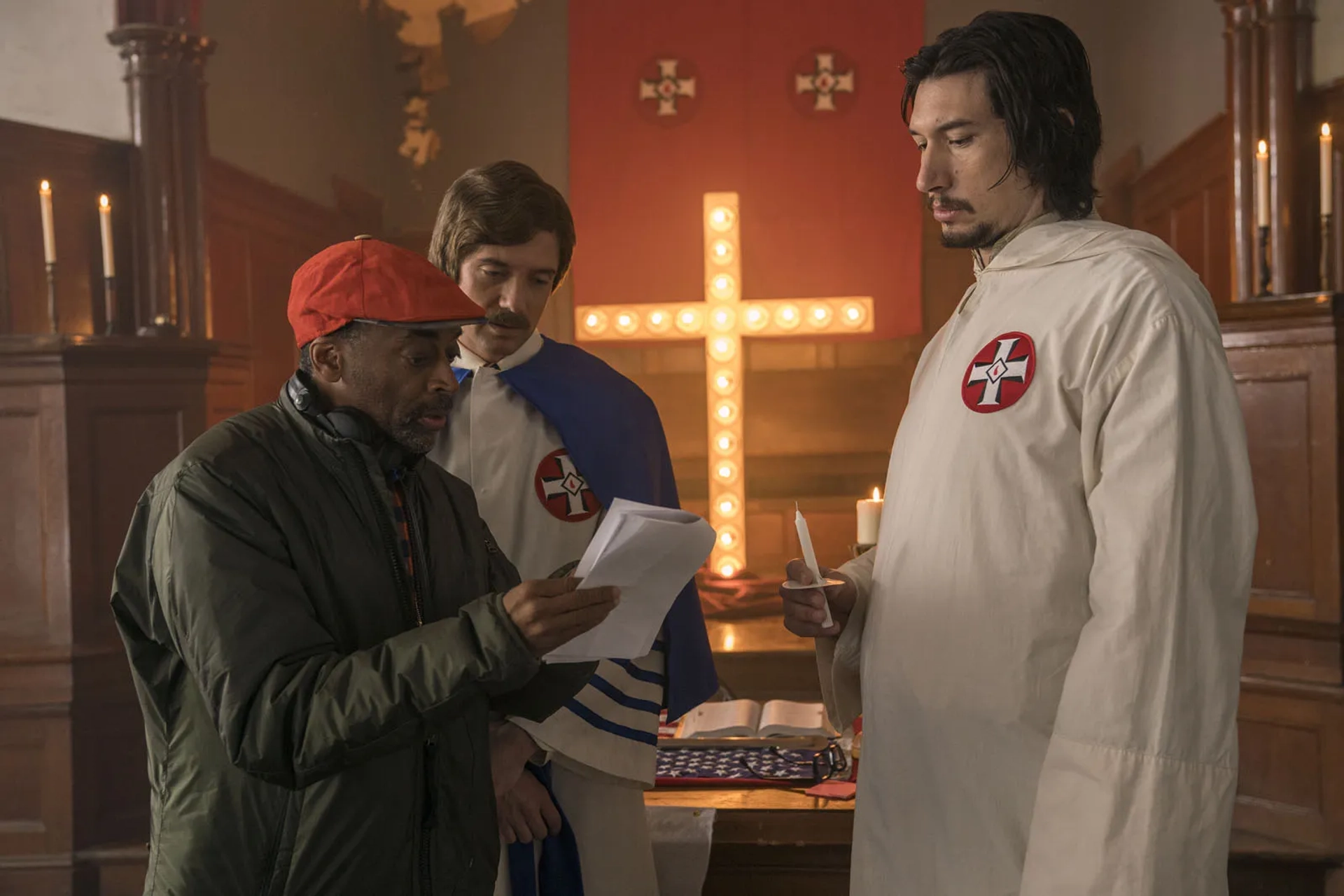 Spike Lee, Topher Grace, and Adam Driver in BlacKkKlansman (2018)