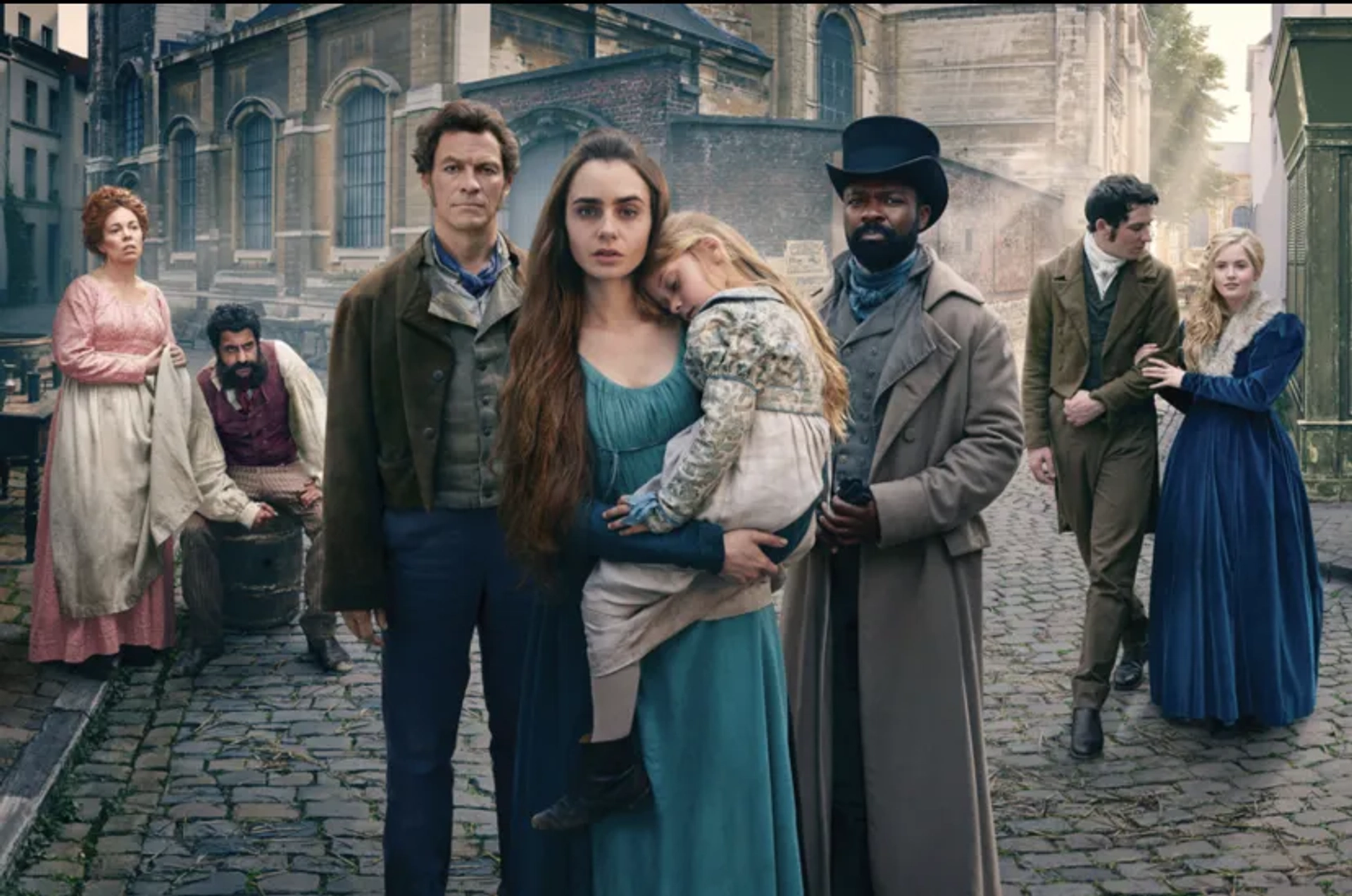 David Oyelowo, Dominic West, Mailow Defoy, Olivia Colman, Adeel Akhtar, Lily Collins, Josh O'Connor, and Ellie Bamber in Les Misérables (2018)