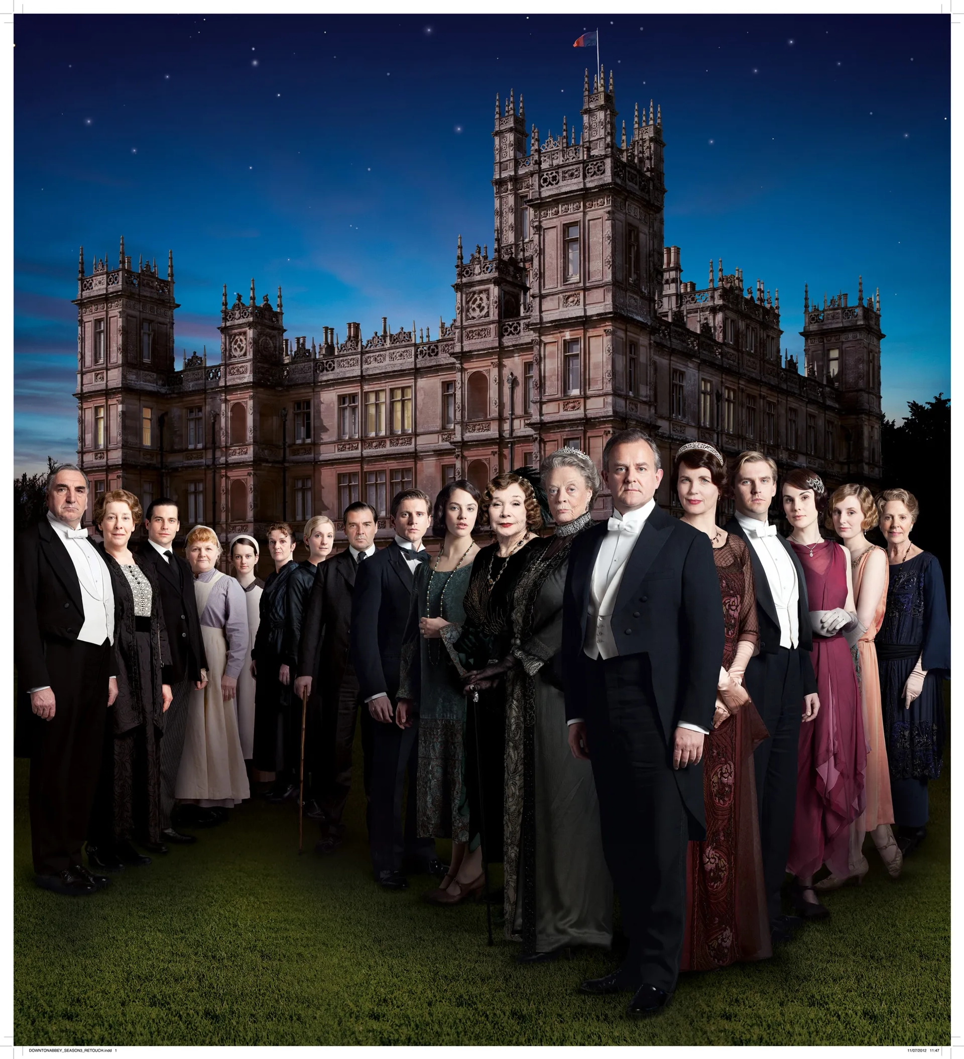 Shirley MacLaine, Elizabeth McGovern, Maggie Smith, Hugh Bonneville, Jim Carter, Brendan Coyle, Siobhan Finneran, Joanne Froggatt, Phyllis Logan, Lesley Nicol, Penelope Wilton, Allen Leech, Dan Stevens, Robert James-Collier, Michelle Dockery, Sophie McShera, Jessica Brown Findlay, and Laura Carmichael in Downton Abbey (2010)