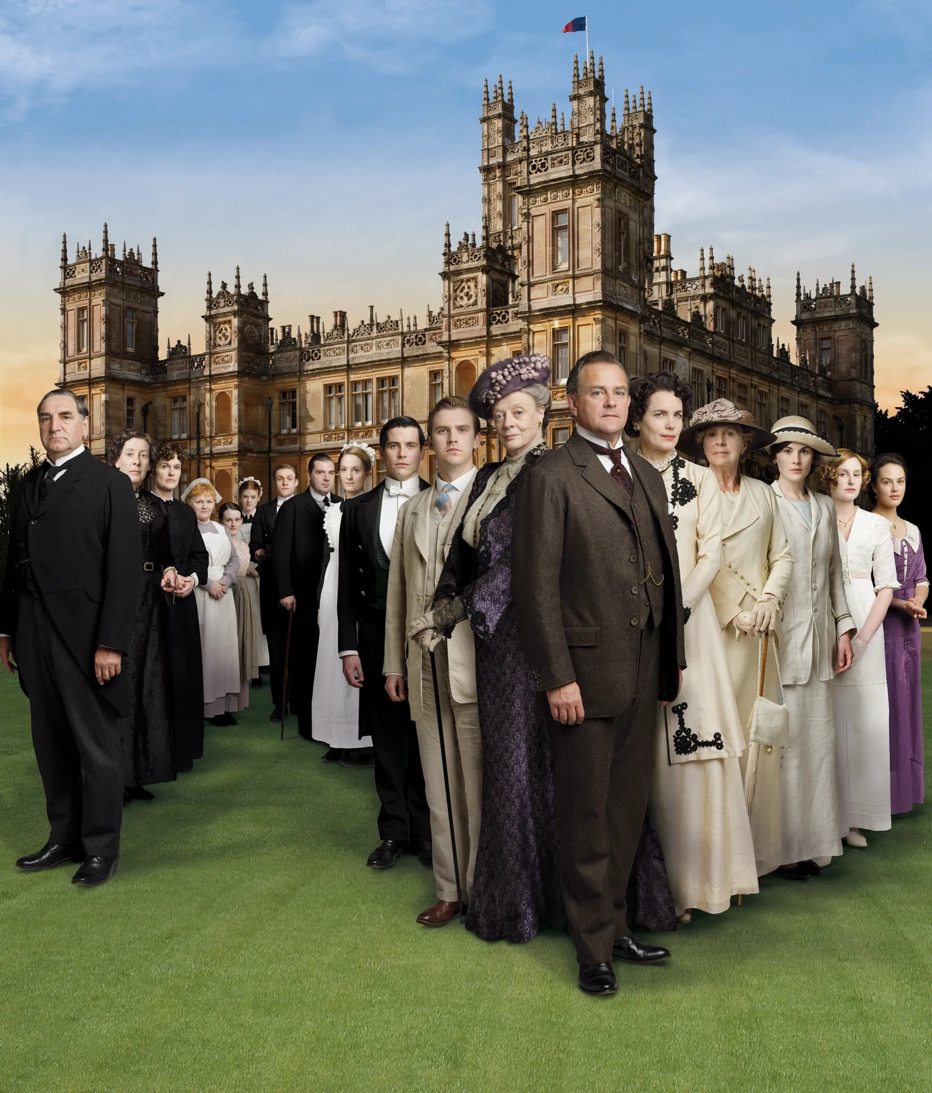 Elizabeth McGovern, Maggie Smith, Hugh Bonneville, Jim Carter, Brendan Coyle, Siobhan Finneran, Joanne Froggatt, Phyllis Logan, Lesley Nicol, Penelope Wilton, Dan Stevens, Robert James-Collier, Michelle Dockery, Thomas Howes, Sophie McShera, Rose Leslie, Jessica Brown Findlay, and Laura Carmichael in Downton Abbey (2010)