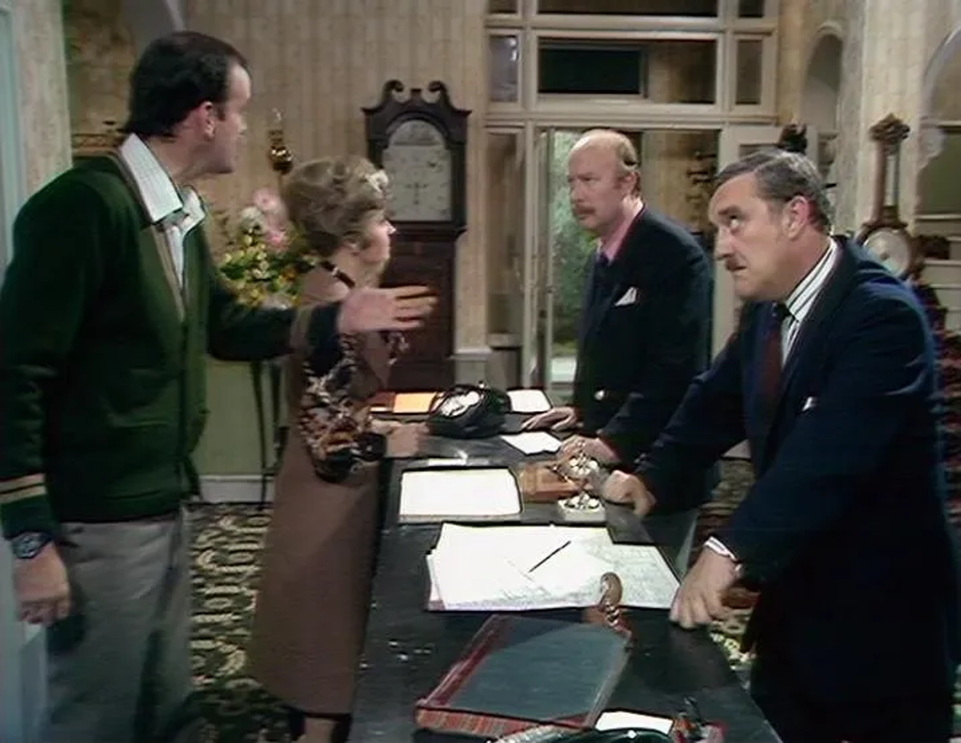 John Cleese, James Cossins, Bernard Cribbins, and Prunella Scales in Fawlty Towers (1975)