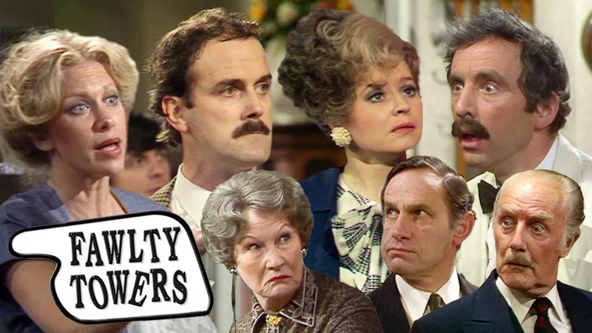 John Cleese, Ballard Berkeley, Connie Booth, Geoffrey Palmer, Andrew Sachs, Joan Sanderson, and Prunella Scales in Fawlty Towers (1975)