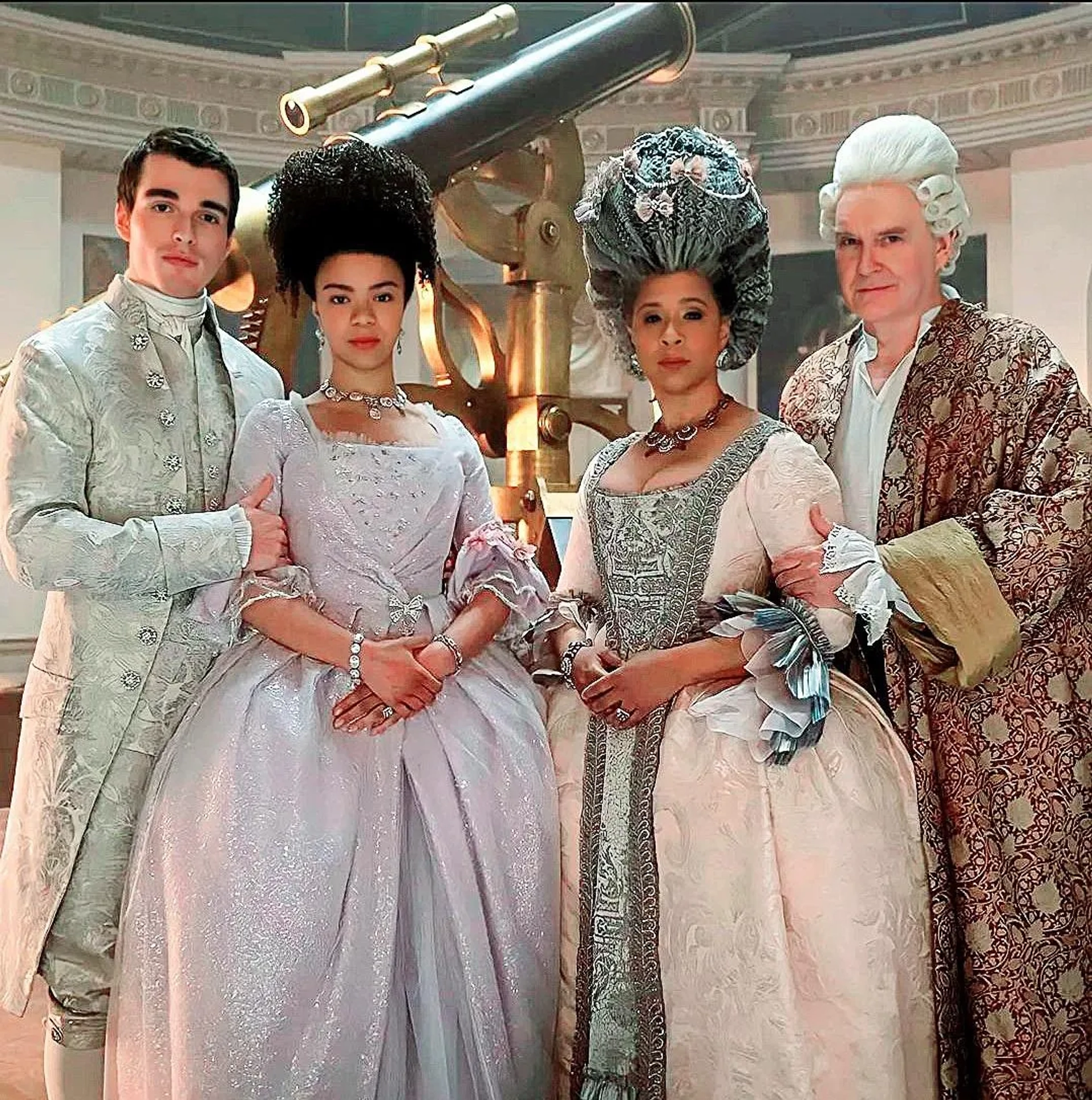 James Fleet, Golda Rosheuvel, Corey Mylchreest, and India Amarteifio in Queen Charlotte: A Bridgerton Story (2023)