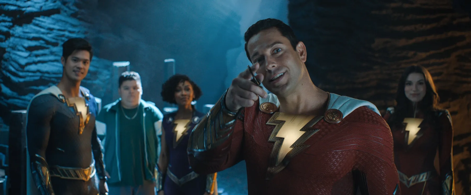 Still image from Shazam! Fury of the Gods of Ross Butler, Jovan Armand, Meagan Good, Zachary Levi, Grace Caroline Currey.