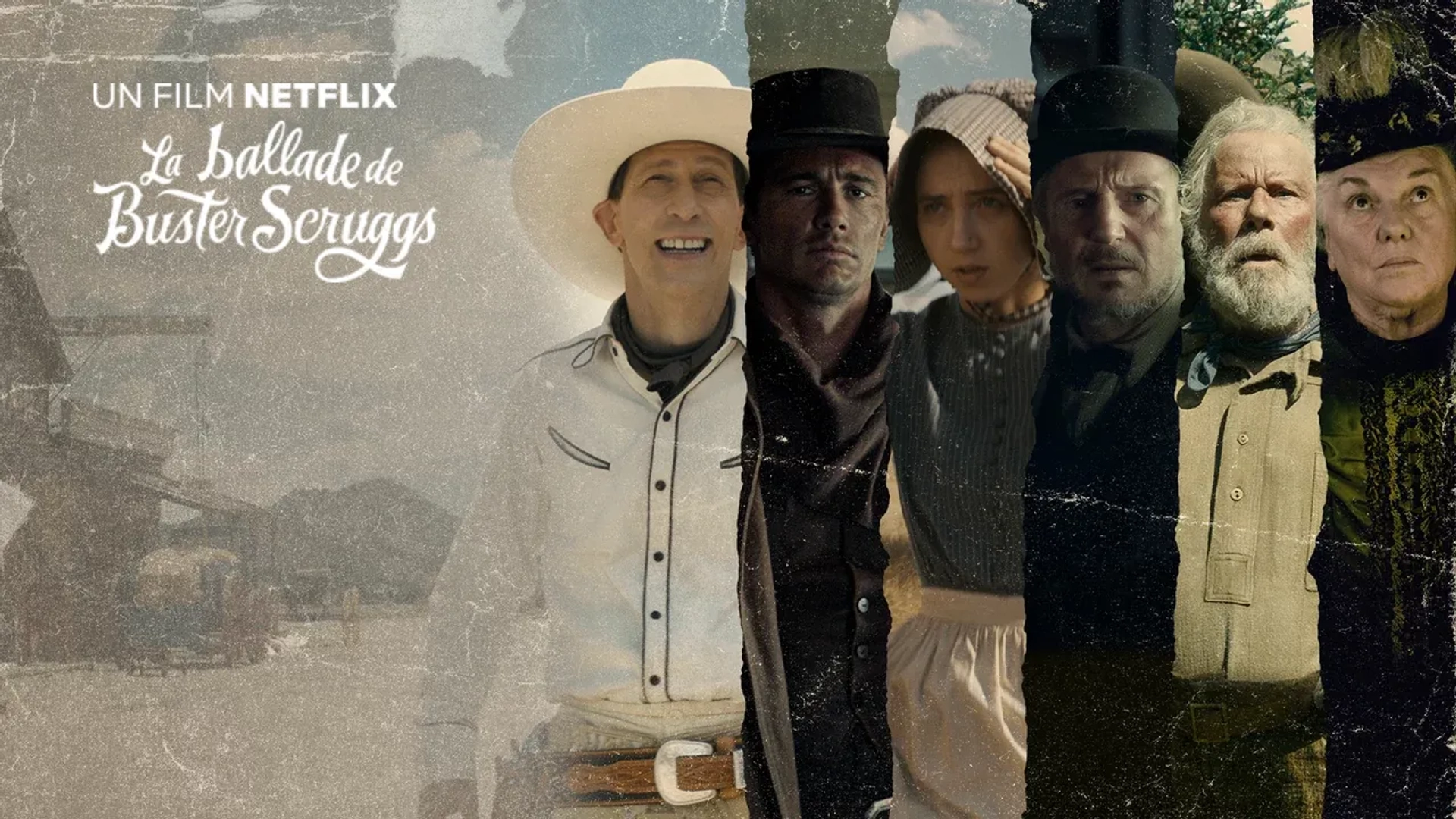 Liam Neeson, James Franco, Tim Blake Nelson, and Zoe Kazan in The Ballad of Buster Scruggs (2018)