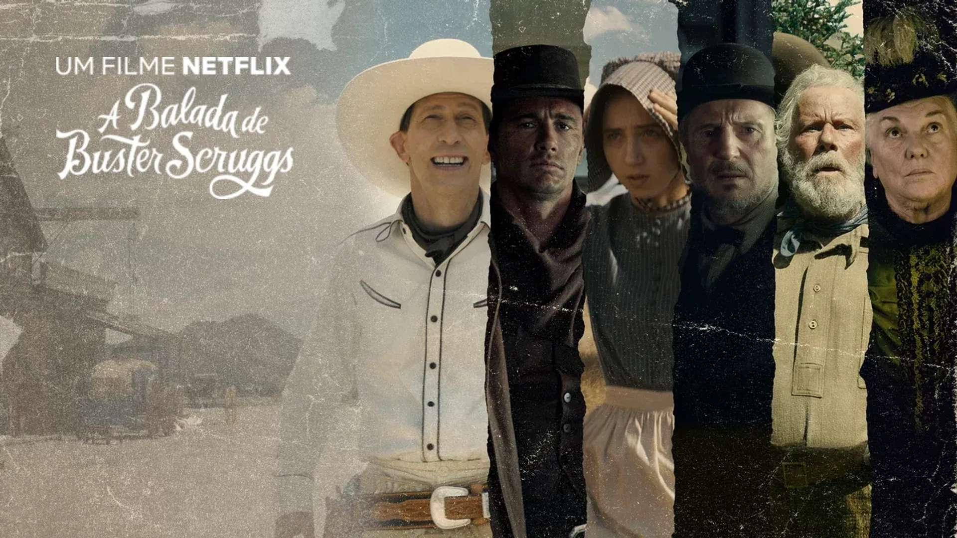 Liam Neeson, James Franco, Tim Blake Nelson, and Zoe Kazan in The Ballad of Buster Scruggs (2018)