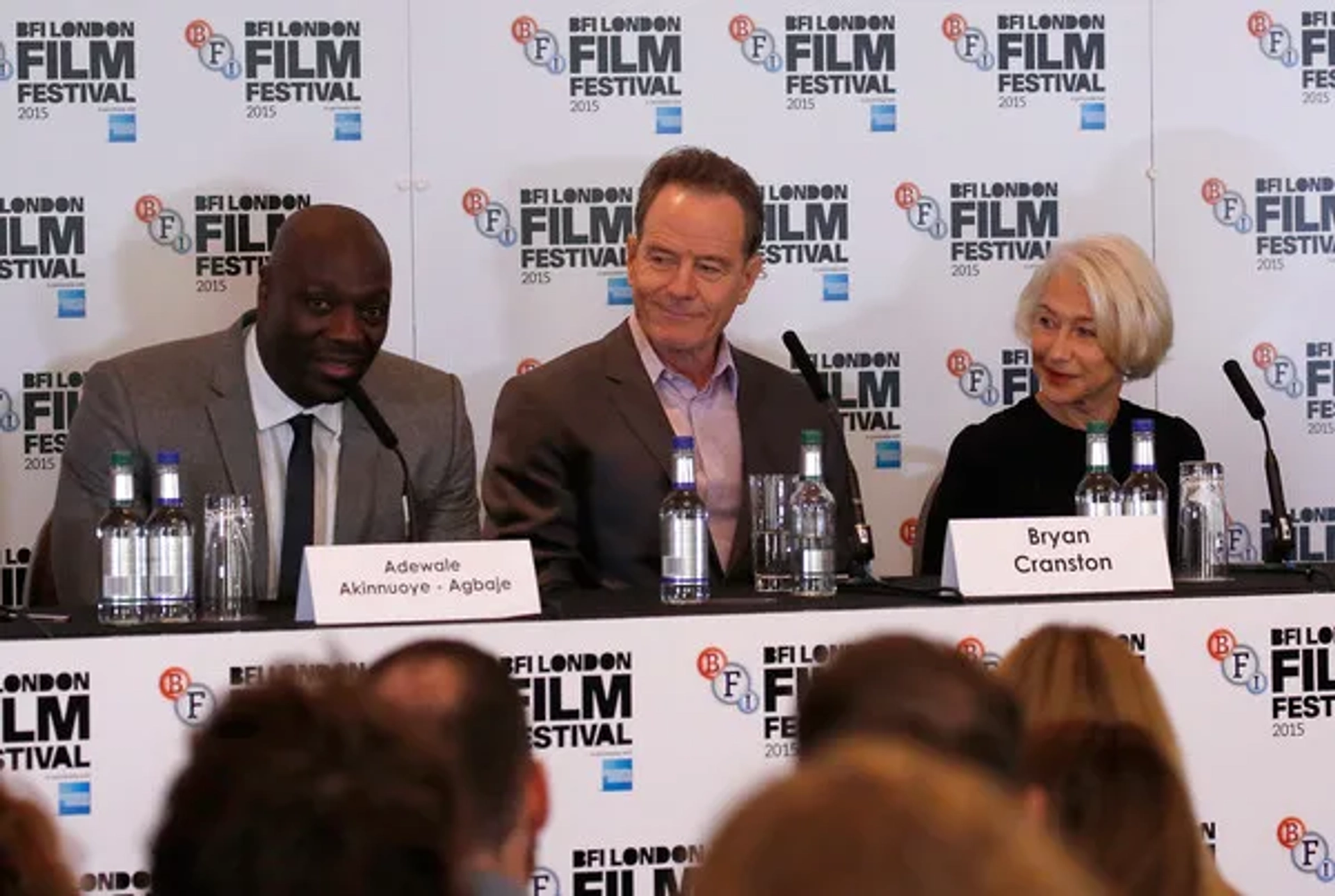 Actors Adewale Akinnuoye-Agbaje, Bryan Cranston and Helen Mirren attend the "Trumbo" press conference during the BFI London Film Festival at Corinthia Hotel London on October 8, 2015 in London, England.