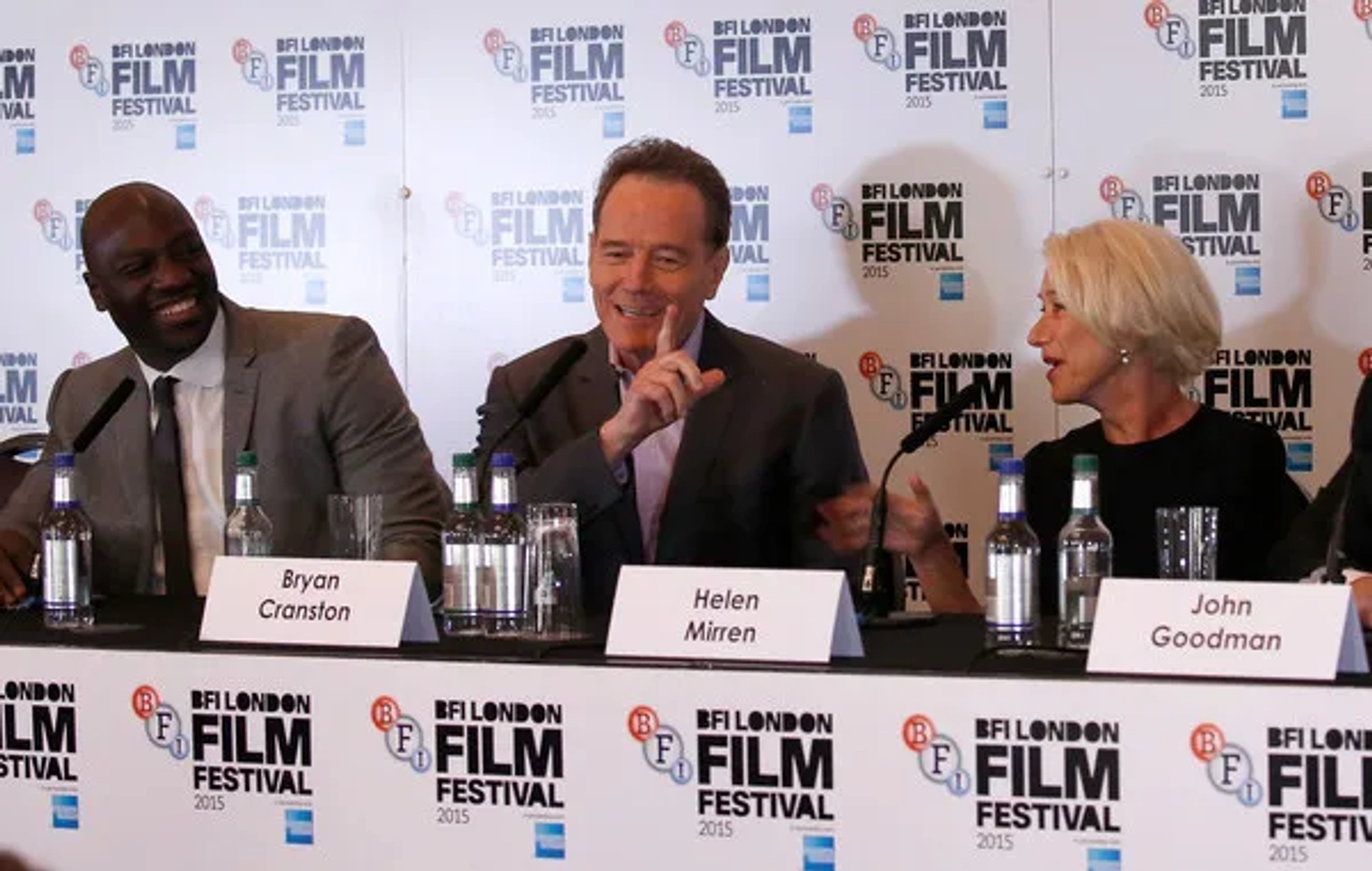 Actors Adewale Akinnuoye-Agbaje, Bryan Cranston and Helen Mirren attend the "Trumbo" press conference during the BFI London Film Festival at Corinthia Hotel London on October 8, 2015 in London, England.