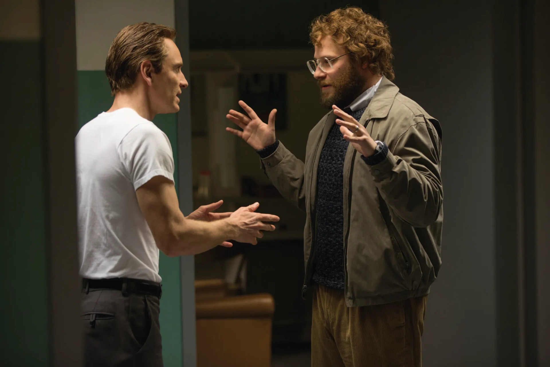 Seth Rogen and Michael Fassbender in Steve Jobs (2015)