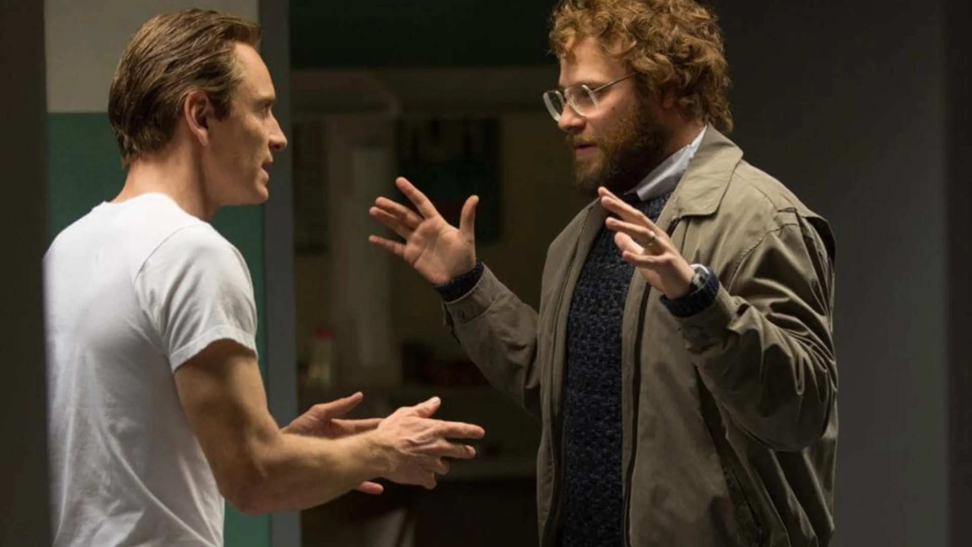 Seth Rogen and Michael Fassbender in Steve Jobs (2015)